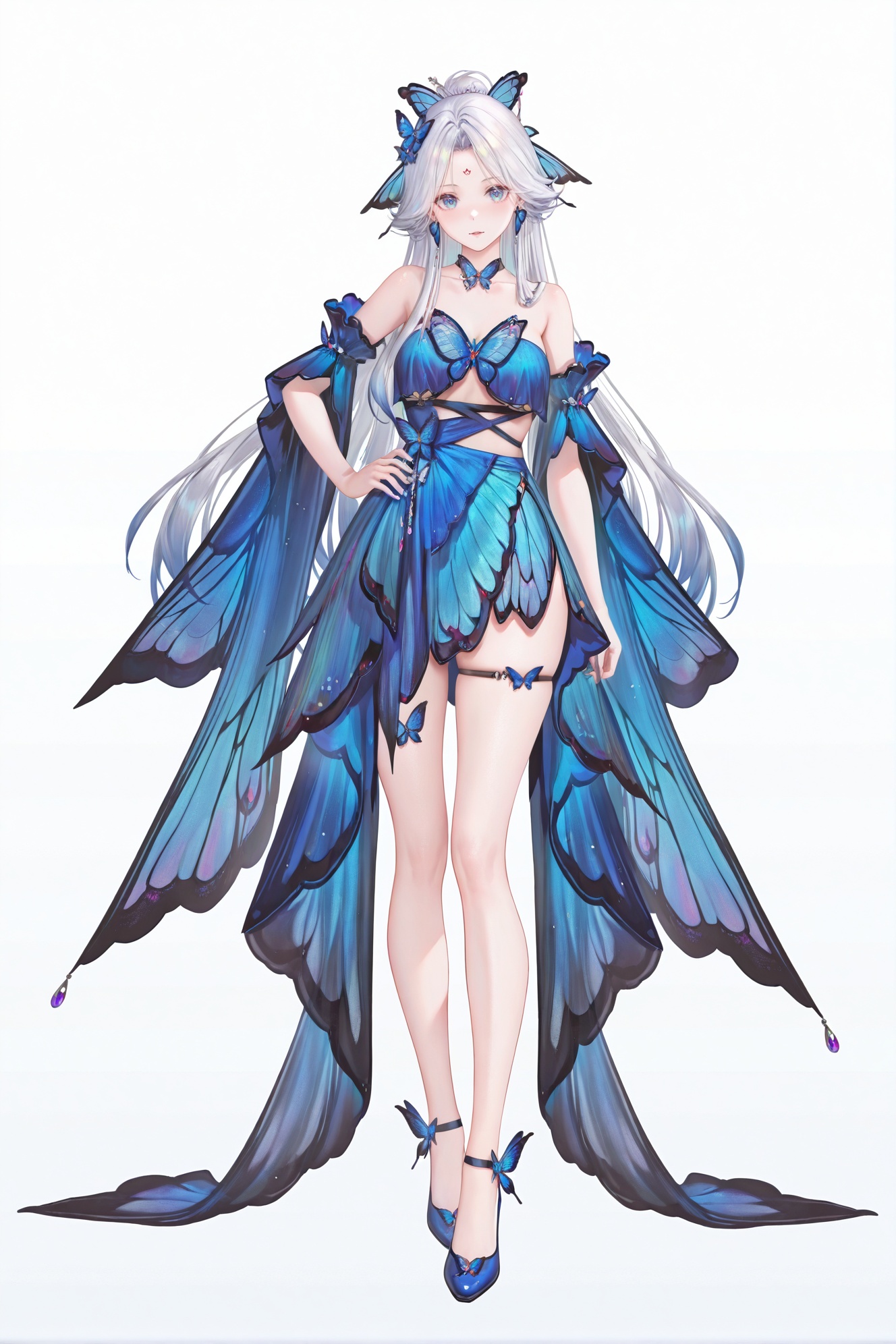 8k,best quality,masterpiece,(ultra-detailed),(high detailed skin),((artist:reoen),(artist:fuzichoco),(artist:atdan),(artist:torino_aqua),year 2024:0.8)1girl,[artist:wlop],[artist:ningen_mame],artist:ciloranko,[[artist:rhasta]],artist:tidsean,colorful,full body,full shot,standing,looking at viewer,(solo:1.2),simple background,(white background:1.2),hand on own hip,(white background:1.1),<lora:13yaoza0:0.8>,13yaoza0,1girl,bare shoulders,blue butterfly,blue dress,blue eyes,breasts,butterfly hair ornament,collarbone,earrings,forehead mark,hair ornament,jewelry,long hair,white hair,A full-body portrait of a young girl,standing gracefully,pastel art style,high-key lighting,shoujo manga influence,hd quality,delicate details,