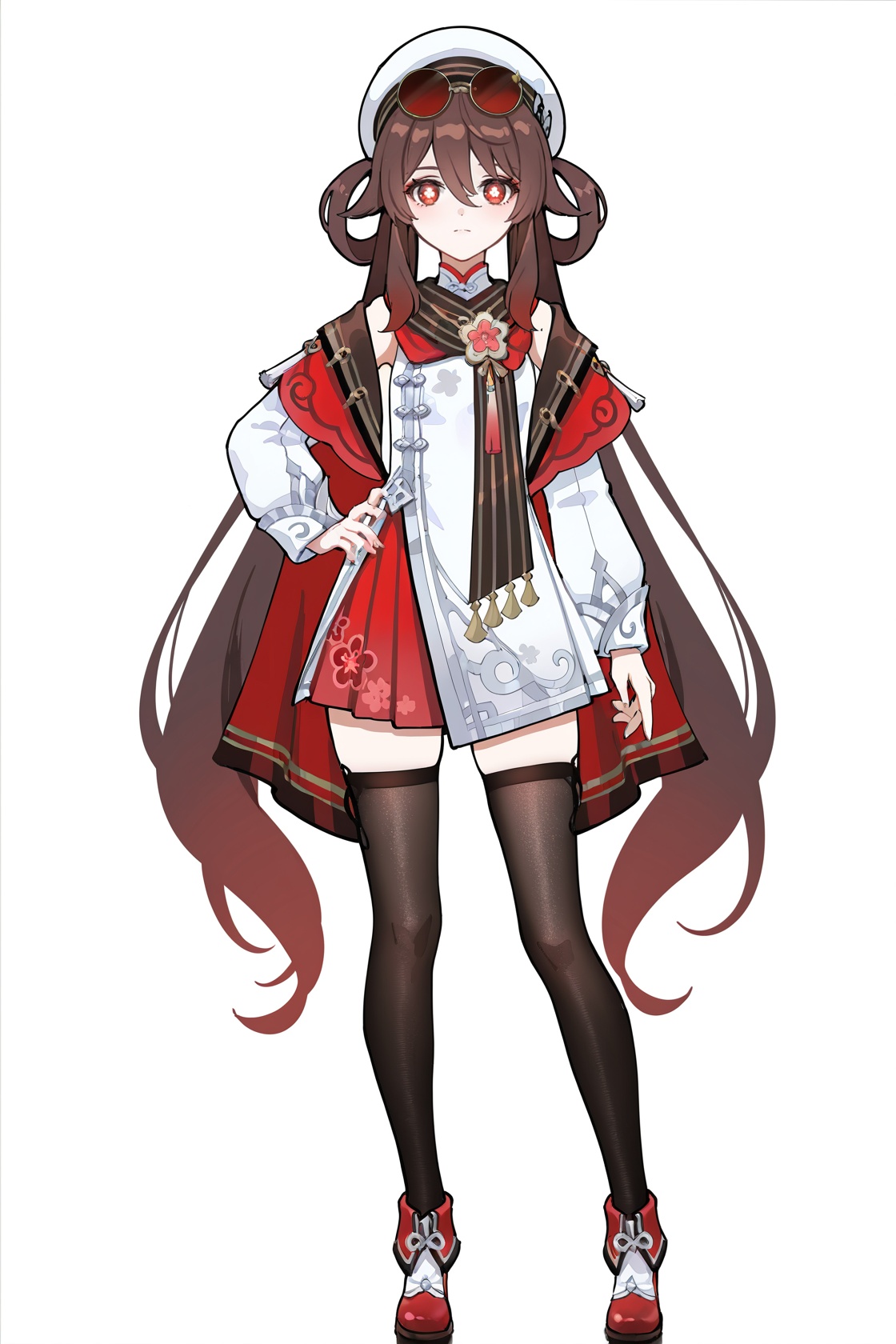 8k,best quality,masterpiece,(ultra-detailed),(high detailed skin),((artist:reoen),(artist:fuzichoco),(artist:atdan),(artist:torino_aqua),year 2024:0.8)1girl,[artist:wlop],[artist:ningen_mame],artist:ciloranko,[[artist:rhasta]],artist:tidsean,colorful,detailed light,light leaks,sunlight,bokeh,blurry foreground,ray tracing,lens flare,cinematic lighting,full body,full shot,standing,looking at viewer,(solo:1.2),simple background,(white background:1.2),hand on own hip,(white background:1.1),<lora:huxiang-noob-Tanger-000014:0.8>,hu tao \(cherries snow-laden\) \(genshin impact\),clothes:cherries snow-laden,flower-shaped pupils,1girl,hat,long hair,symbol-shaped pupils,scarf,hair rings,black thighhighs,red eyes,sunglasses,brown hair,long sleeves,zettai ryouiki,hair between eyes,A full-body portrait of a young girl,standing gracefully,pastel art style,high-key lighting,shoujo manga influence,hd quality,delicate details,