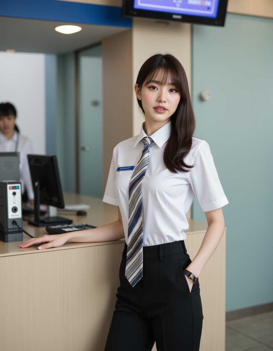 a real picture of a south korea woman,In Bank Teller Uniform\(Often includes a uniform shirt,pants,and sometimes a scarf or tie for bank tellers\).,