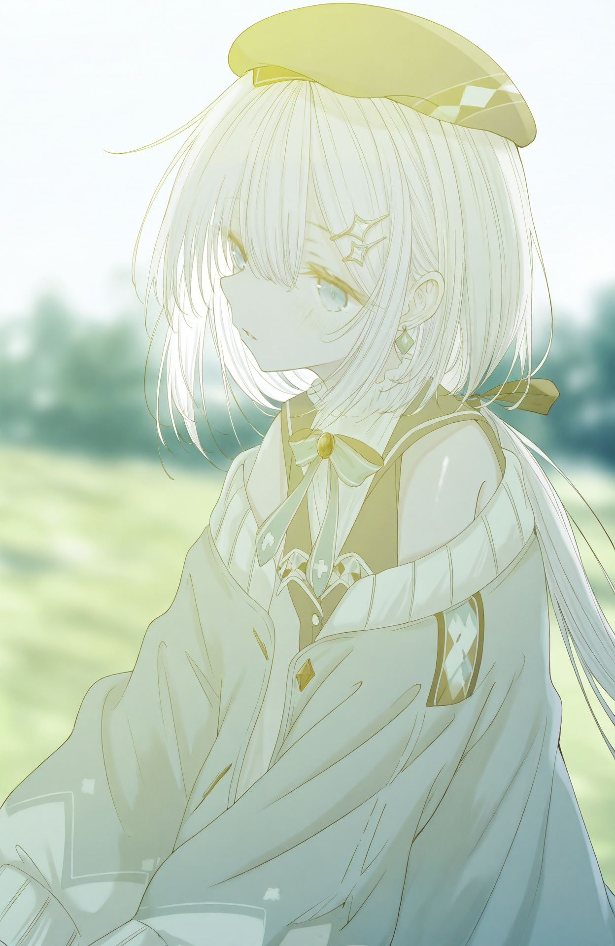 masterpiece,highres,absurdres,newest,best quality,loli,petite,high quality,chromatic_aberration,shiny_skin,//,1girl,solo,long_hair,hat,jewelry,blurry_background,earrings,beret,off_shoulder,hair_ornament,blurry,virtual_youtuber,white_hair,ribbon,low_ponytail,hair_between_eyes,parted_lips,black_headwear,cardigan,upper_body,hair_ribbon,hairclip,bowtie,outdoors,bow,jacket,long_sleeves,//,<lora:aestivation——【CKXL】hans:0.8>,