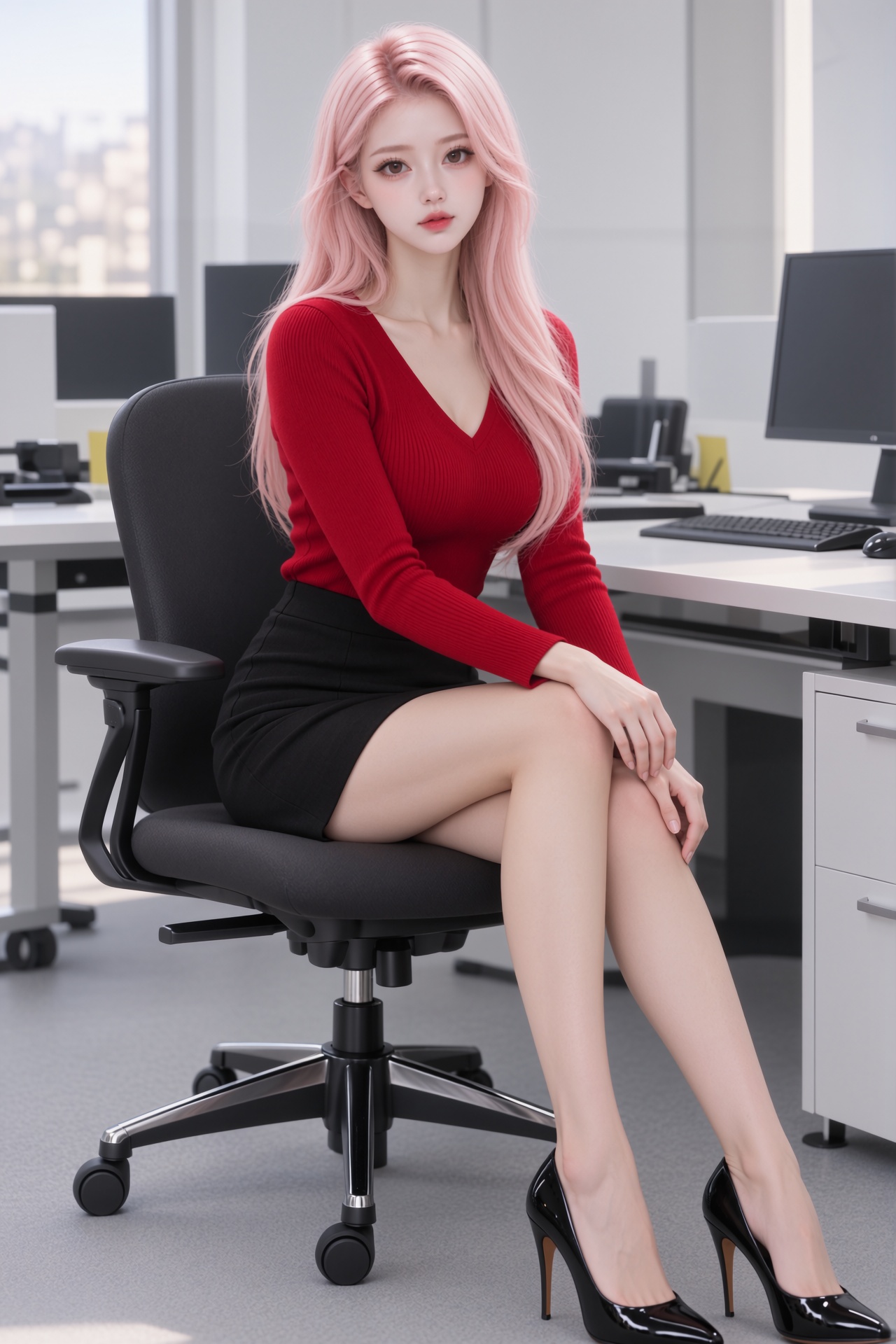 A high-angle,  medium shot captures a young pretty pink hair Ziny,  A photorealistic office lifestyle portrait of an *****...