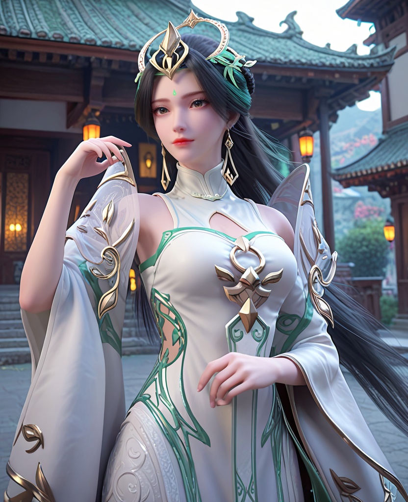 (oriental architecture, elegant decor, sophisticated style:1.1),Shield Pose, Holding a symbolic shield in front, at the ready,,(breasts:1.2),<lora:XL完美世界柳神:0.9>,miss liushen,solo,white dress,shawl,black hair,long hair,bangs,hair ornament,blackish green eyes,forehead mark,black hair highlights green hair,clothing cutout,waist cutout,earrings,wide sleeves,, zPDXL2, score_9, score_8_up, score_7_up BREAK realistic, masterpiece,best quality, highly detailed,, zPDXL3, zPDXL2,zPDXL, zPDXLxxx, zPDXLrl,