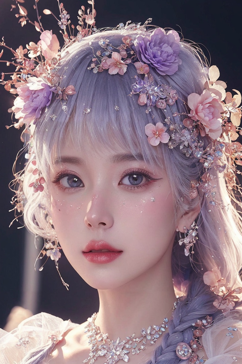 <lora:Fashion_Girl:0.66>purple  theme,  snowflakes,  looking at viewer,  portrait,  colorful hair,  jewelry,  close up,  ultra high res,  deep shadow, (best quality,  masterpiece),  dimly lit,  shade, highly detailed,  bold makeup,  flower,  simple background,  depth of field,  film grain,  fashion_girl,  accessories, High detailed, (masterpiece,high quality,best quality),(colorful),(delicate eyes and face),volumatic light,ray tracing,extremely detailed CG unity 8k wallpaper,solo, indoors, palace, lights, window, decorations,(ahoge:1.3),best quality,official art,(((light from the sky))),floating hair,light shines on hair,whultra-detailed,(((extremely detailed cg 8k wallpaper))),(crystalstexture skin:1.4),(extremely delicate and beautiful),(white skin),looking_at_viewer,kinghere fensejiaren,,realistic,