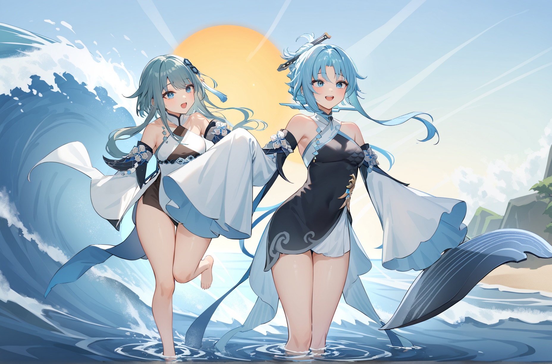 8k, best quality, masterpiece, (ultra-detailed), (high detailed skin), <lora:ping-gui-A3-Tanger:0.8>, 1 guizhong and 1 aping, multiple girls, 2girls, full_shot, Two girls ride the waves, laughing and cheering as they balance on their surfboards. The sun glistens on the water as they skillfully maneuver through the surf. Their joy is infectious, drawing smiles from onlookers on the beach. The sound of crashing waves and their delighted shouts fill the air, capturing the essence of a perfect day at the beach BREAKaping, aping's def clothes, detached sleeves, aping's dress, chinese clothes, blue hair, parted bangs BREAKguizhong, guizhong's def clothes, 1girl, long hair, blue eyes, barefoot, guizhong's dress, hair ornament, chinese clothes, sleeves past fingers BREAK 