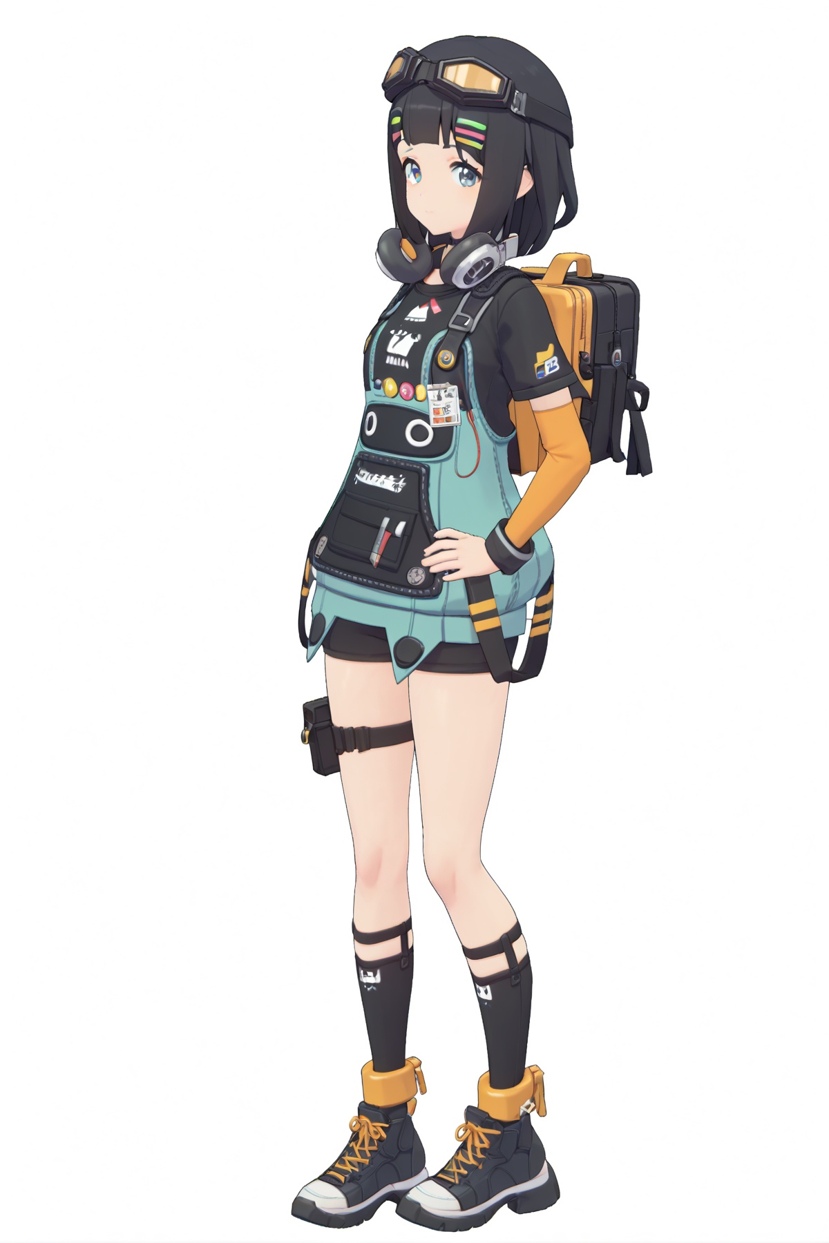 score_9, score_8_up, score_7_up, score_anime, 8k, best quality, masterpiece, (ultra-detailed), (white background:1.2), solo, hands on hip, (full body:1.1), looking at viewer, <lora:zzzstyle-pony-Tanger:0.8>, suxi, suxi's def clothes, zzz style, 1girl, solo, black hair, backpack, short hair, goggles, blue eyes, bag, socks, 