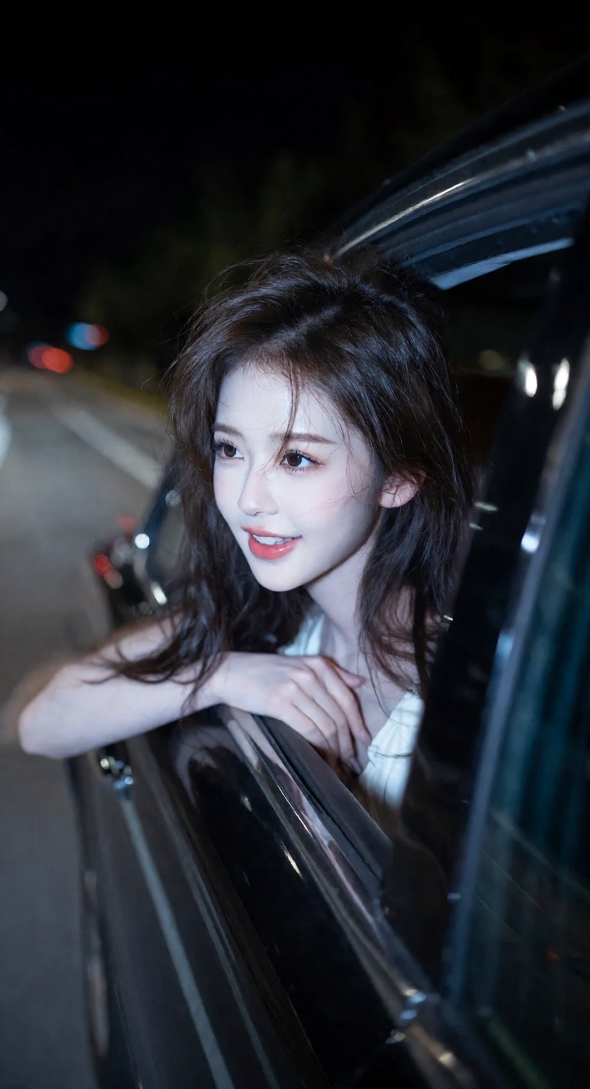 夜晚疾驰的轿车,  美丽的长发少女从车窗探出头回眸的一瞬间,  面带笑容 by 天海TianHai on Tensor.Art