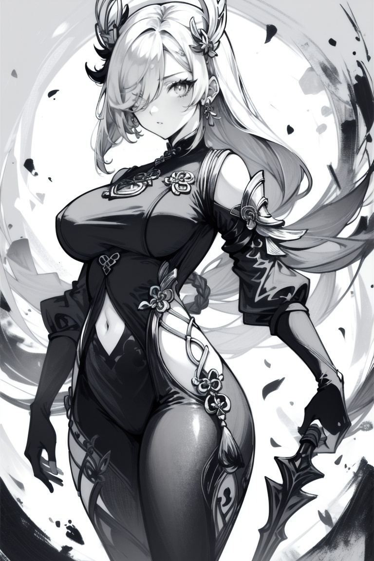 ((HRD, HUD, 8K)),((masterpiece, best quality)), highly detailed,YuanShen, 1girl, shenhe (genshin impact), breast curtain, solo, greyscale, monochrome, long hair, weapon, braided ponytail, breasts, braid, gloves, bodysuit, holding weapon, clothing cutout, shoulder cutout, holding, hip vent, polearm, tassel, hair ornament, looking at viewer, bangs, holding polearm, hair over one eye, covered navel, tassel earrings, large breasts, very long hair, black bodysuit, partially fingerless gloves, puffy sleeves, <lora:20240318-1710771192163:0.8>