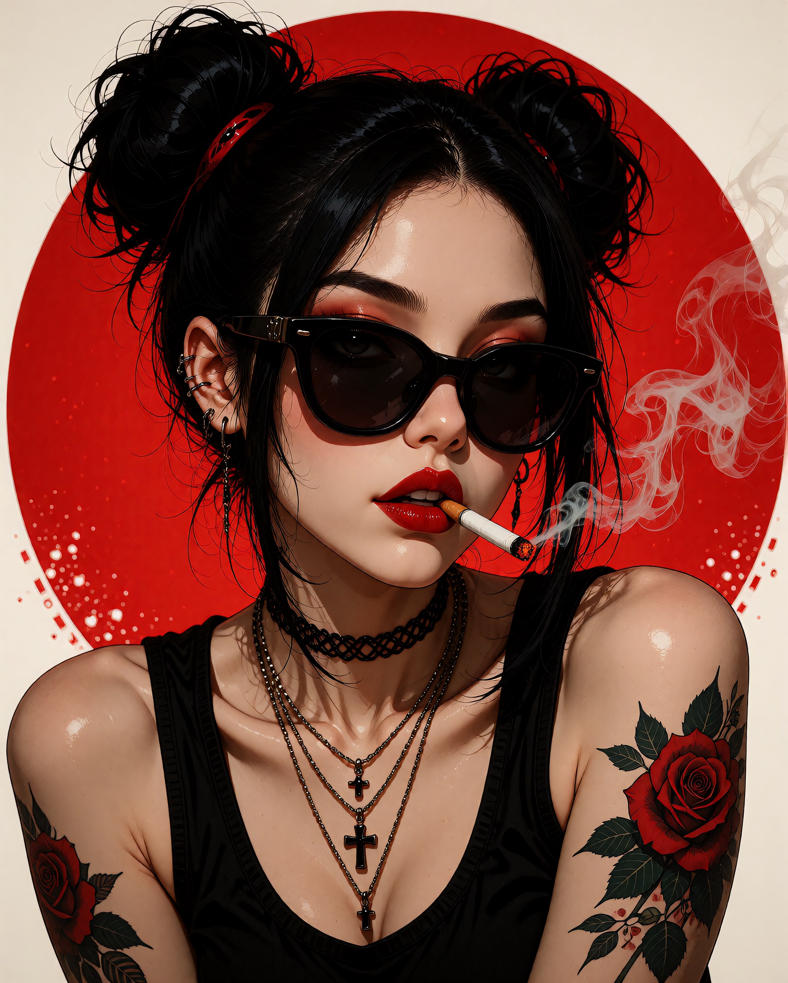 A digital illustration shoot from a portrait angle about a woman with black hair styled in two buns,  wearing black sungla...