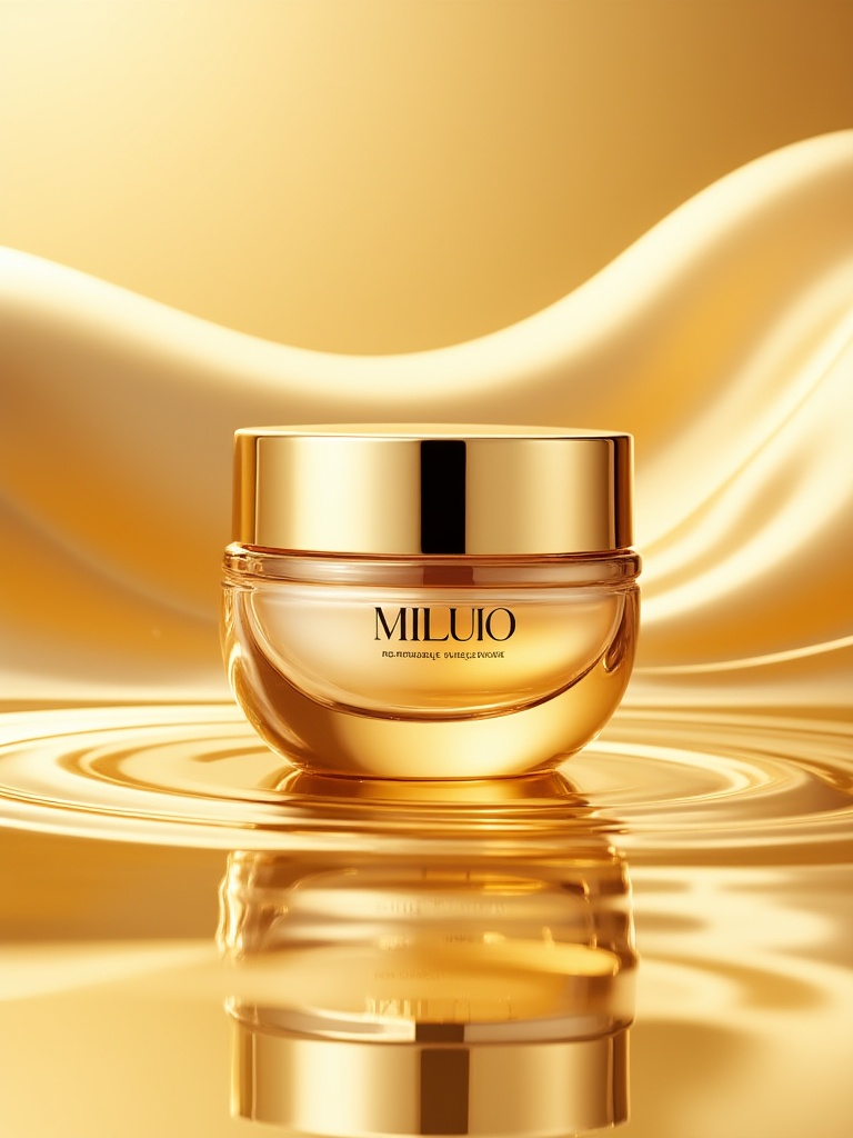 mids,Photo of a luxurious, golden-colored, glass jar with a gold lid, placed on a reflective surface. The jar has the name "MILUO" written in gold lettering on the front. The background is a gradient of warm, golden hues with wavy lines, creating a soft, ethereal effect. The overall aesthetic is elegant and sophisticated, with a focus on the jar and its contents. The lighting is soft and warm, highlighting the smooth texture of the jar. The image has a high-quality, professional look.<lora:t-流体美妆v1.3:1>