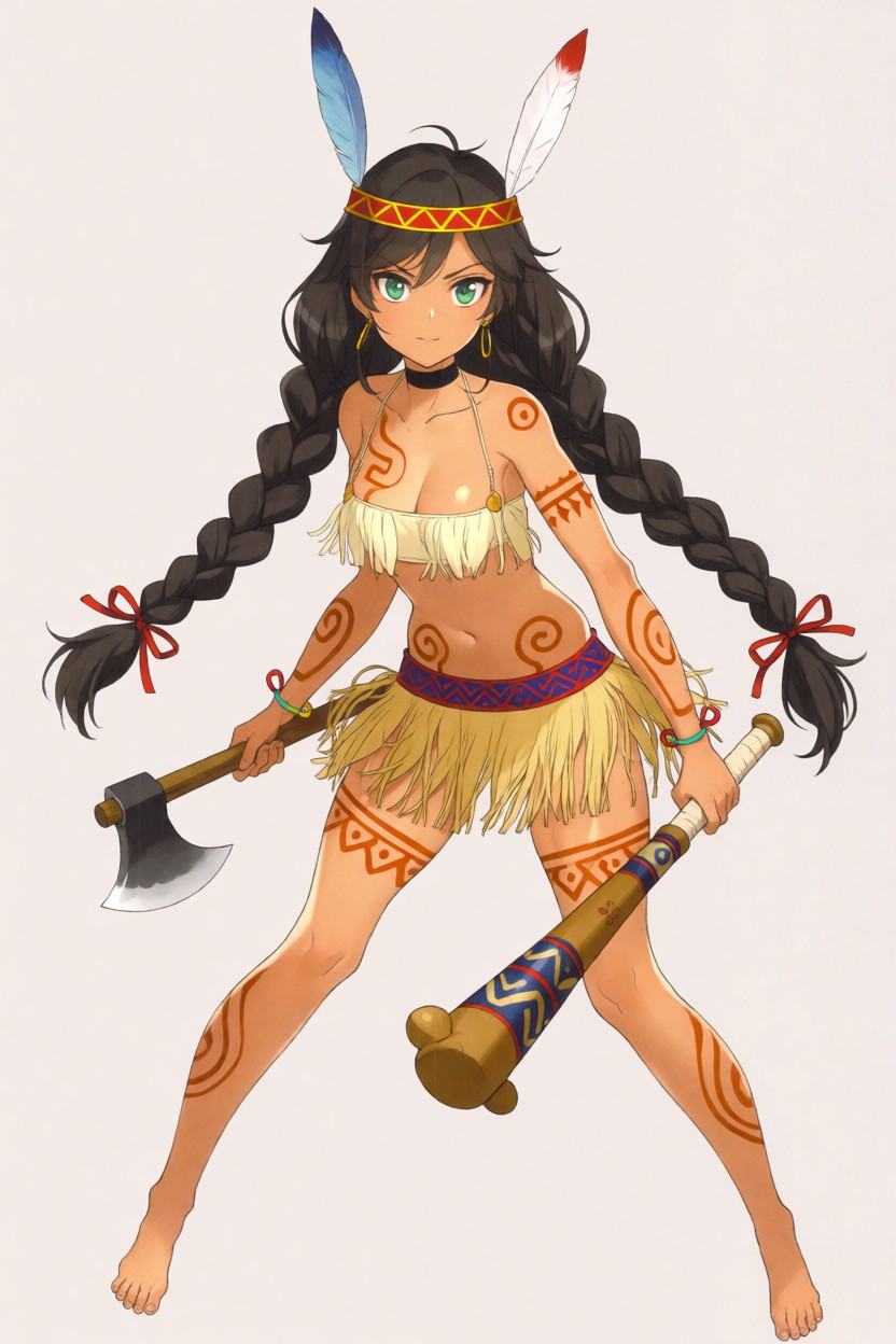 Full-body anime illustration of a fierce tribal warrior girl with tanned skin. She has long,  wavy dark brown hair styled...