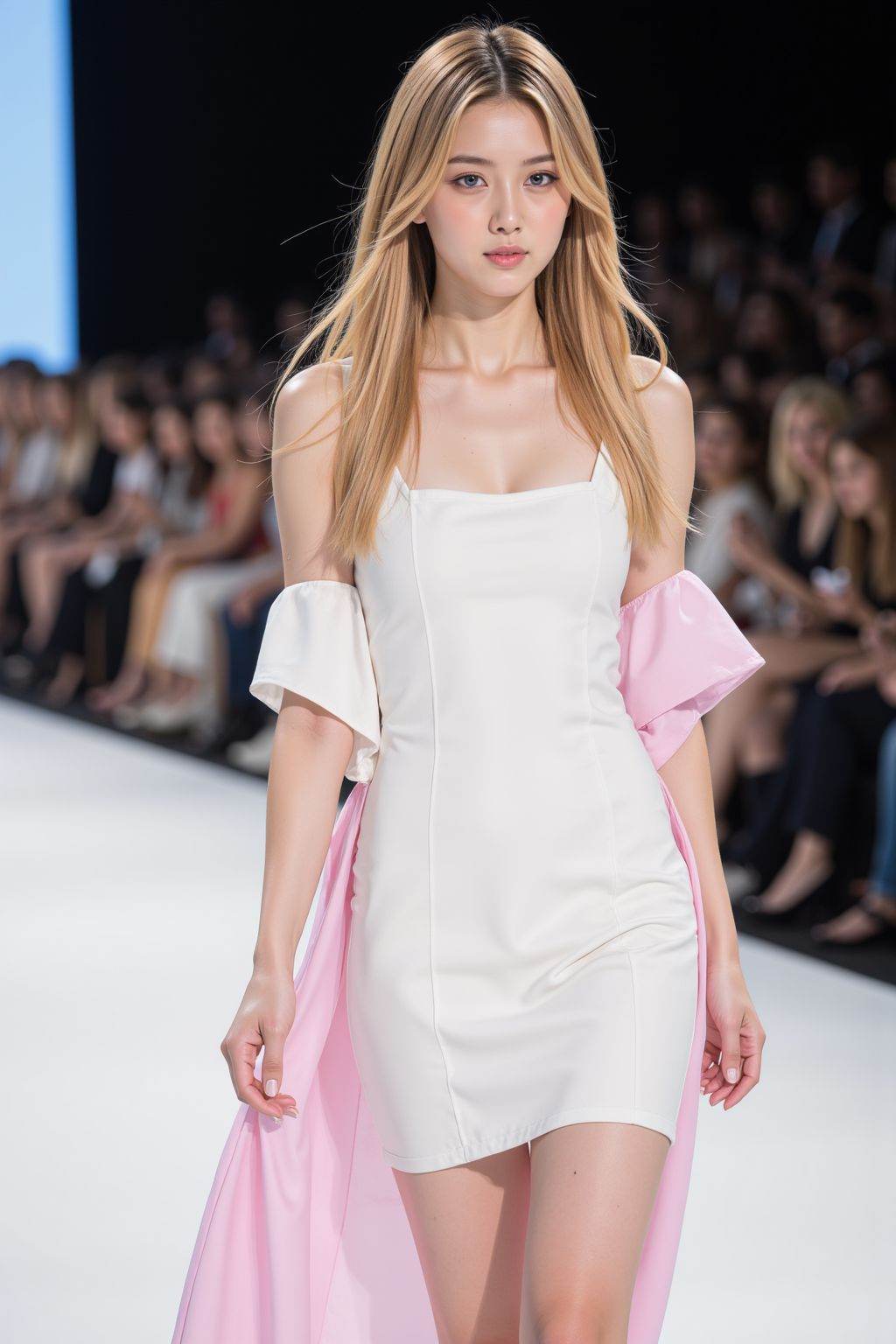 Fuji camera filter,Catwalk,Vogue Runway K-pop models walk the catwalk,young woman,blonde long hair,blue eyes,simple outfits,white and pink dress,and you can see the catwalk when you look from the side.