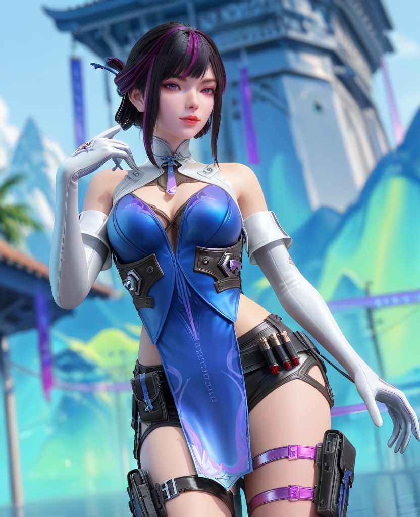 (oriental architecture, elegant decor, sophisticated style:1.1),(Bending down to tie shoelaces, while a friend or loved one playfully pulls the other lace,:1.1),(breasts:1.2),<lora:XL16穿越火线虹儿潜伏者:0.95>,miss honger,blue corset,black lace bra,purple eyes,half updo with sidelocks,black hair,streaked hair,white glove sleeves,white collar,sash,black shorts,blue pelvic curtain,thigh strap,, score_9,score_8_up,score_7_up,score_6_up,score_5_up,score_4_up,3d rendering,tag1,tag2, Cinematic Lighting,backlighting,, zPDXL3, zPDXL2,zPDXL, zPDXLxxx, zPDXLrl,