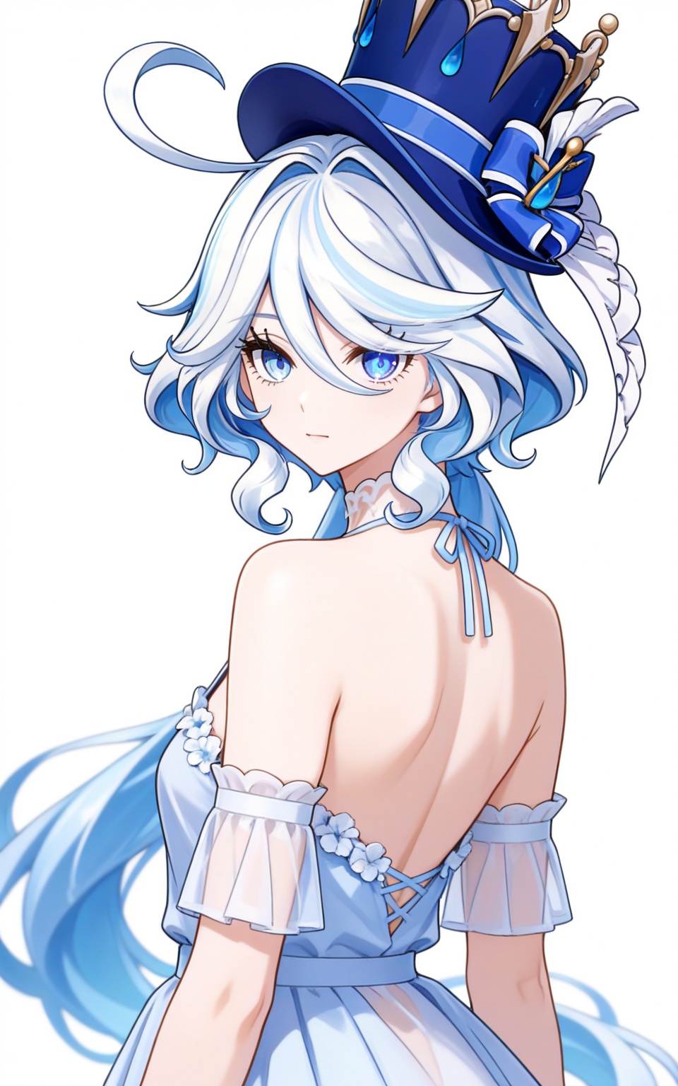 depth of field,masterpiece,best quality,very aesthetic,alternate costume,alternate costume,2024,2023,perfect composition,ultra-detailed,extreme aesthetic,masterpiece,best quality,good quality,newest,year 2024,year 2023,very aesthetic,absurdres,looking_at_viewer,colorful,white_background,simple background,upper_body,see-through,dress,<lora:芙宁娜·衣服百搭款ILL:0.8>,furina \(genshin impact\),light blue hair,long hair,blue eyes,heterochromia,depth blue eyes,multicolored hair,white hair,low ponytail,hair between eyes,top hat,blue headwear,