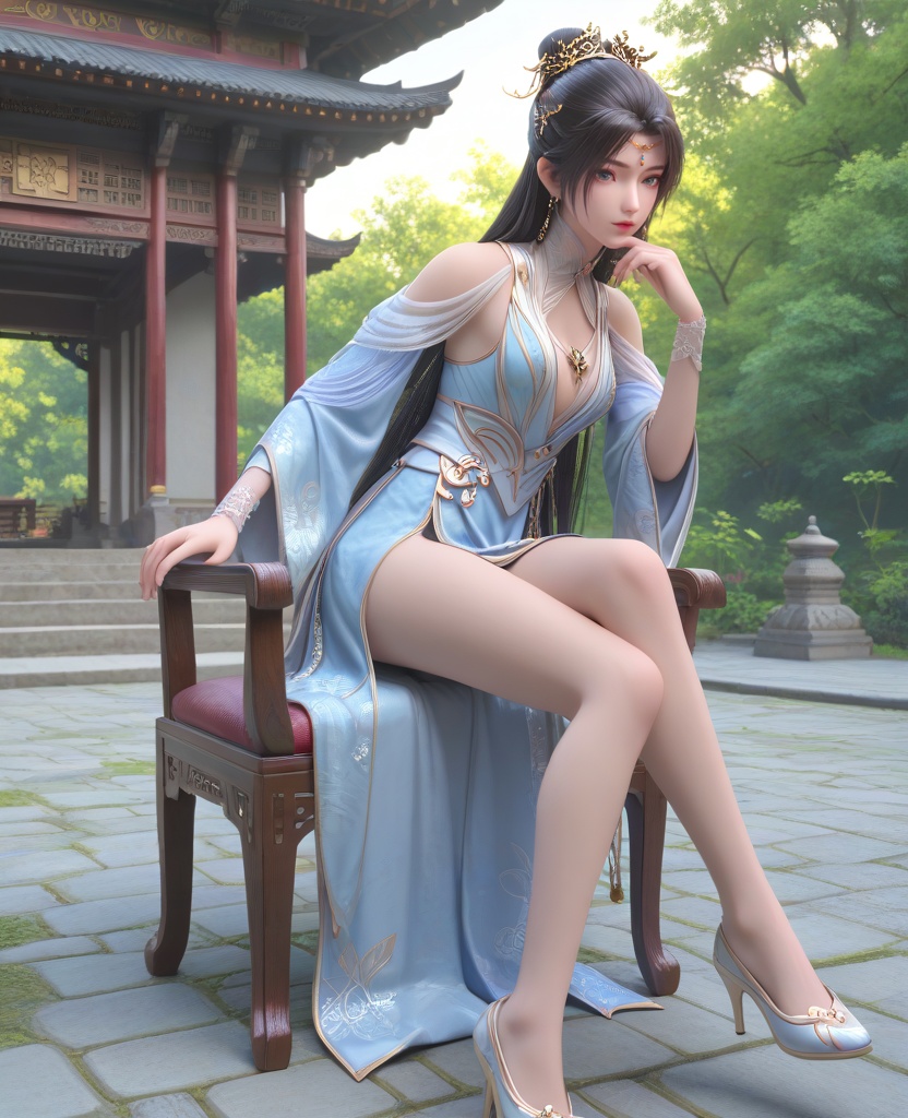 (oriental architecture, elegant decor, sophisticated style:1.1),(Sitting on a chair with legs crossed and hands on knees:1.1),(breasts:1.2),<lora:XL16神墓雨馨:0.95>,miss yuxin,white blue tiered dress,blue eyes,black hair,traditional chinese updo with long cascading hair,hair ornament,jewelry,earrings,sash,shoes,, score_9,score_8_up,score_7_up,score_6_up,score_5_up,score_4_up,3d rendering,tag1,tag2, Cinematic Lighting,backlighting,