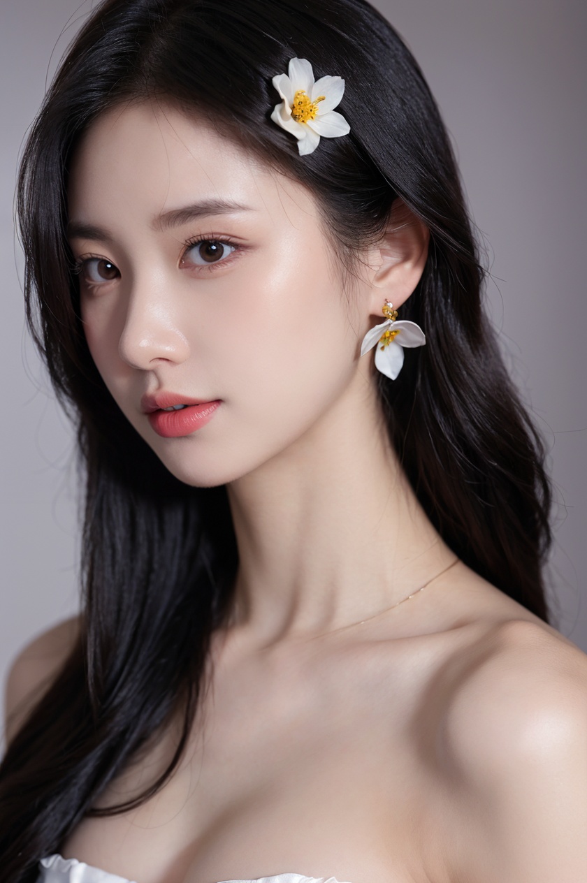 1girl, solo,(front view:1.2),(looking_at_viewer:1.4),(eye-contact:1.4),,black hair, long hair, jewelry, realistic, earrings, hair ornament, black eyes, lips, collarbone, parted lips, flower, watermark, upper body, portrait, hair flower, dress, web address,  <lora:YG红颜阁美女5:0.8>,