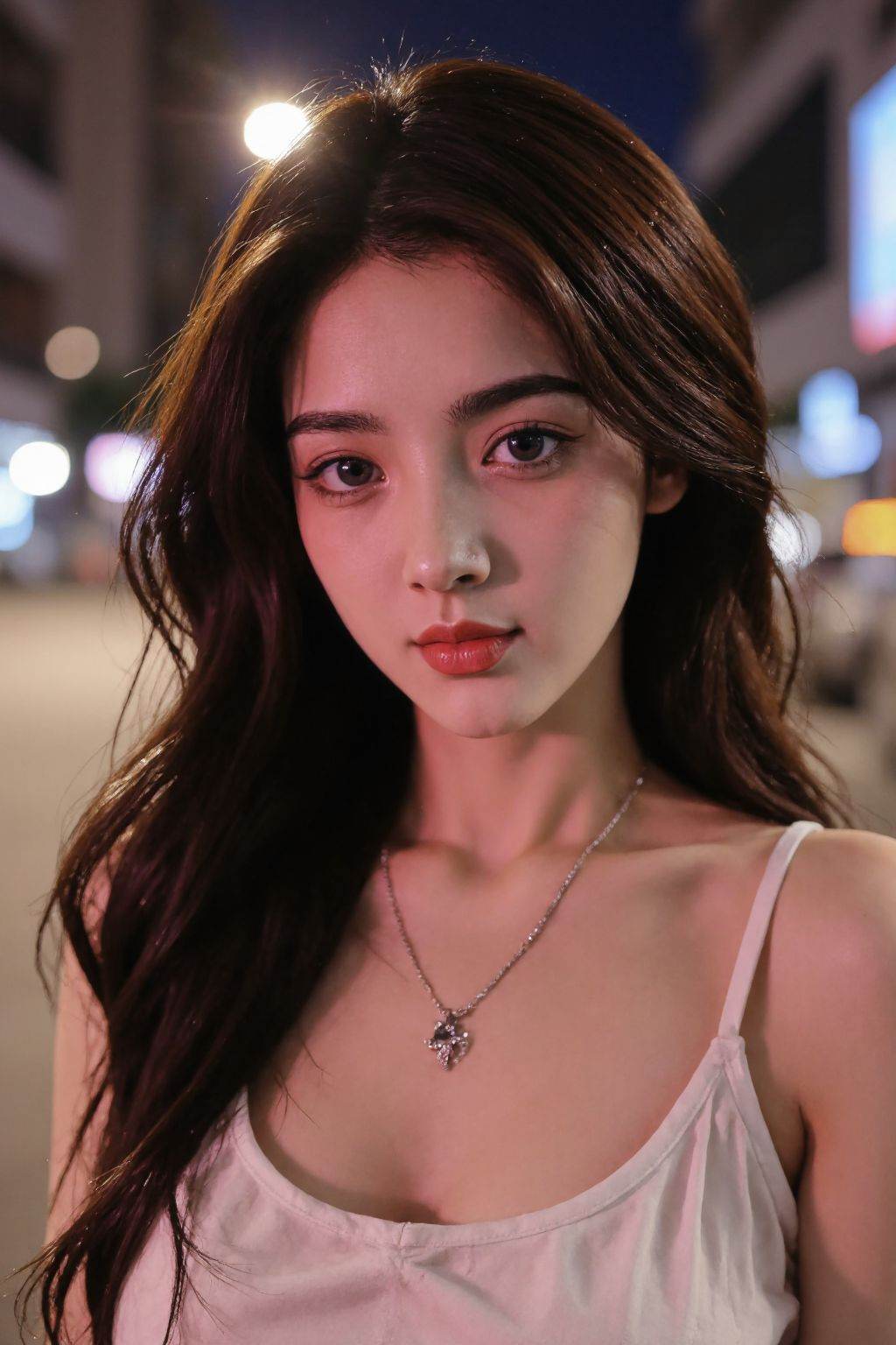 hyperrealistic portrait, young woman 20-year-old, with long hair. Soft light pink blush on cheeks, smirk and rosy lips. Wearing a sleeveless turtleneck sweater. Elegant and fashion-forward aesthetic. Slightly pensive, thoughtful expression. She gazes towards the viewer. Urban nighttime cityscape background, blurred and out of focus. Street lights and building facades visible. Evening lighting casts a soft glow on her face and dress. Smooth, flowing hair, smooth skin texture. Slight shallow depth of field, focusing on subject, blurred urban background.  Portrait style, close-up, with a soft, slightly low-angle perspective.  Romantic, dreamy, and delicate mood.  Contemporary fashion style, art aesthetic, natural lighting.  <lora:12:0.8>