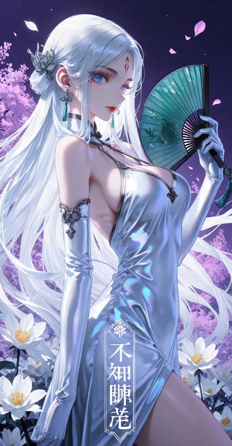 <lora:小白·直发ill-0.0801:0.6>,xiaobai,1girl,solo,facial mark,long hair,white hair,forehead mark,looking at viewer,lips,red lips,blue eyes,large breasts,1girl,Side profile character,solo,the West_dress,elbow_gloves,white dress,(halter_dress:1.1),(Green fan:1.3),solo,jewelry,ribbon,looking at viewer,hair ornament,breasts,holding_fan,petals,earrings,closed mouth,tress ribbon,many white flower,Her eyes gleamed with a purple light,chinese clothes,close-up details,outstanding style,adding a touch of dimension to your images without compromising details,whirls of vapor,iridescent textures,(Anime:1.1),ethereal ambiance,delicate details,magical high-concept,32K UHD,sharp focus,best-quality,masterpiece,golden hour,unconventional supreme masterpiece,masterful details,temperate atmosphere,with a high-end texture,in the style of fashion photography,photography,cover,dynamic angle,dynamic posture,(artist:quasarcake:0.8),extreme aesthetic,(wlop:0.6),(honjou raita, lack, rella:0.5, wanke),masterpiece,best quality,good quality,very aesthetic,absurdres,visual impact,a shot with tension,ultra-high resolution,32K UHD,sharp focus,best-quality,masterpiece,emotionalization,unconventional supreme masterpiece,masterful details,temperate atmosphere,with a high-end texture,in the style of fashion photography,(visual impact:1.2),giving the poster a dynamic and visually striking appearance,impactful picture,official art,colorful,splash of color,movie perspective,masterpiece,best quality,amazing quality,very aesthetic,absurdres,best quality,newest,