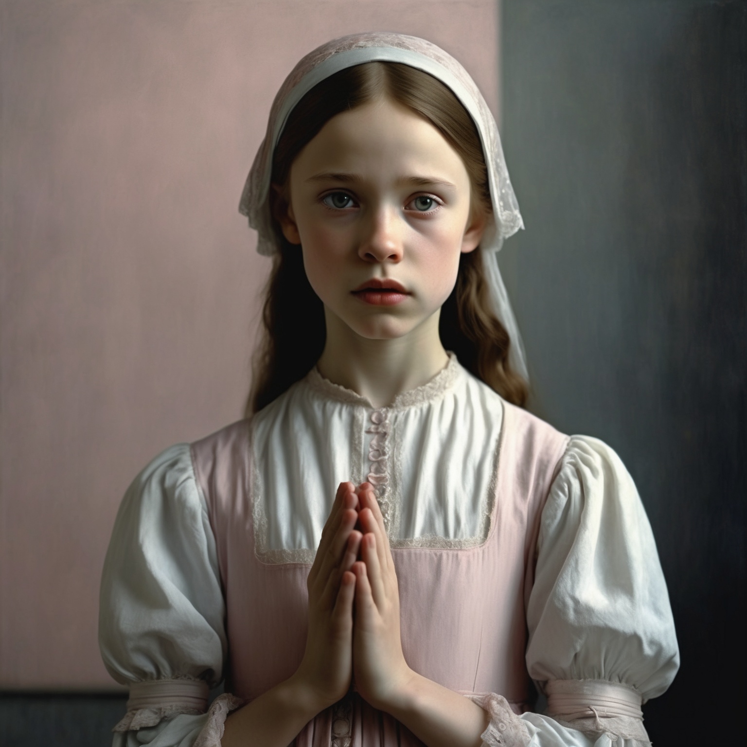 a girl in white is standing upright and holding her hands up,  in the style of andrea kowch,  colorized on Tensor.Art