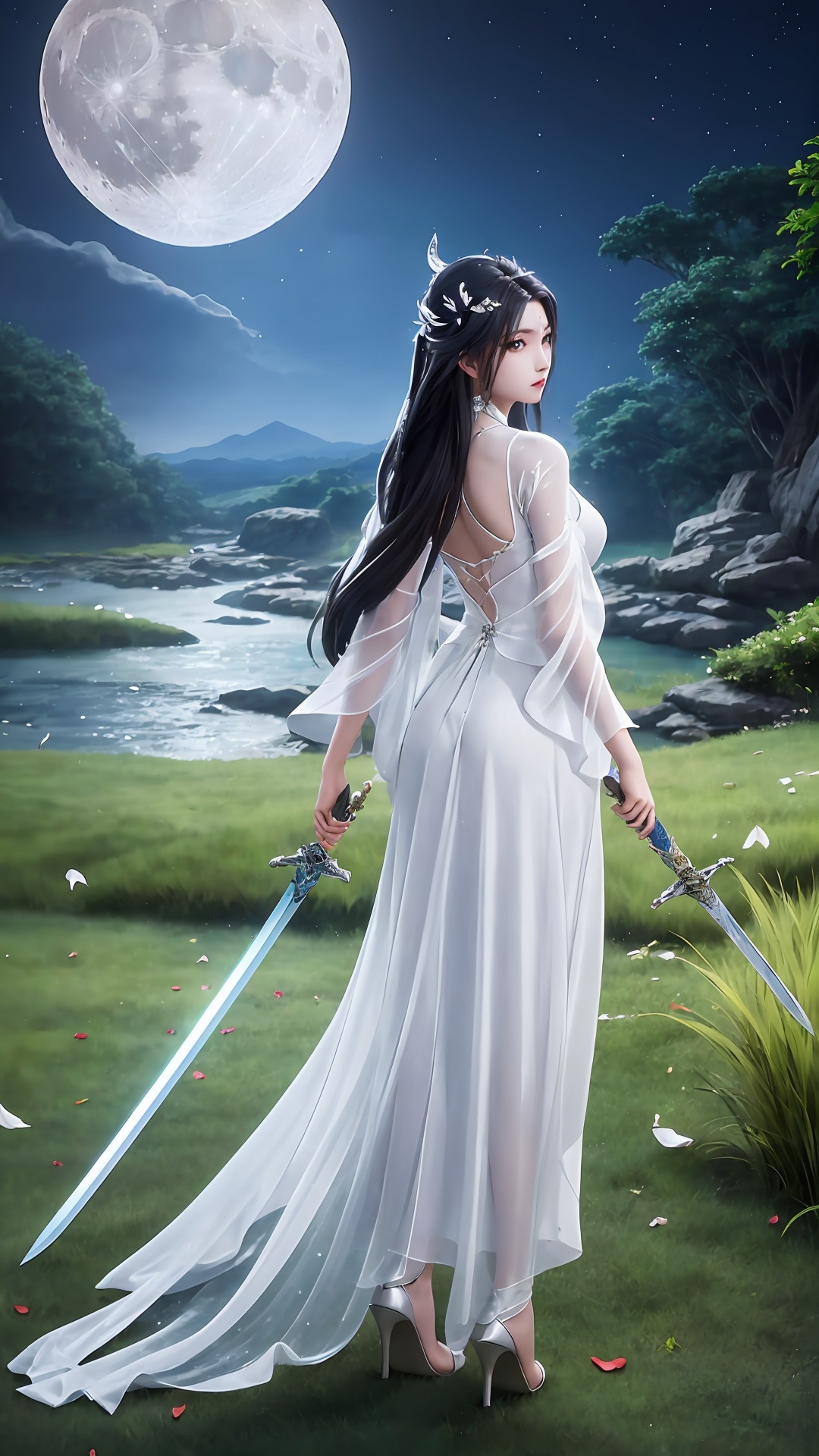 1girl,moon,weapon,dress,long hair,solo,hair ornament,black hair,white dress,petals,night,water,full moon,grass,high heels,full body,back,sword,<lora:girl solo luxueqi_20240911015355:0.7>,<lora:SD1.5泛光调节_v1.0:0.5>,