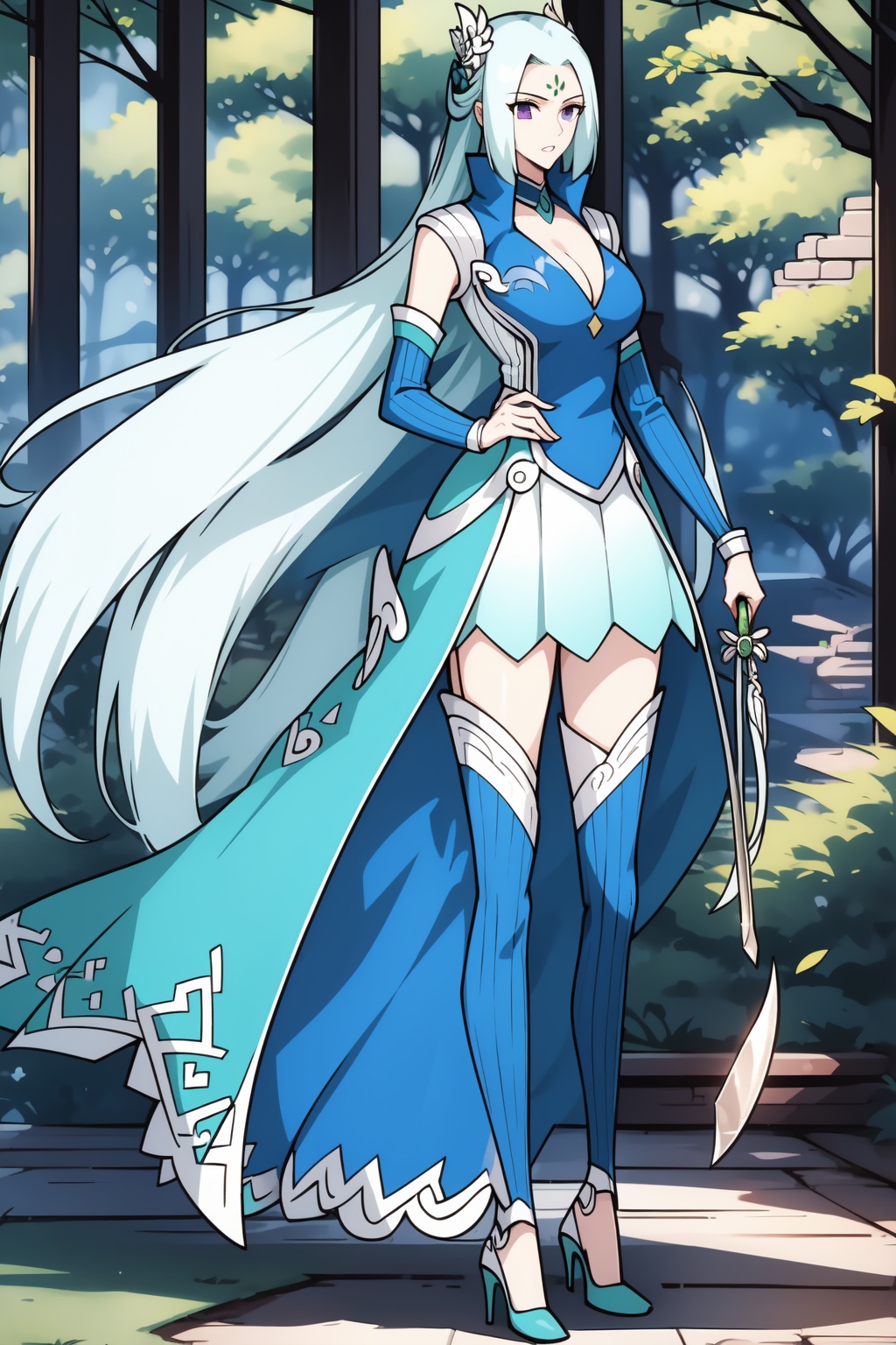 1girl,boots,dress,forest,grass,high heels,holding,long hair,nature,skirt,solo,standing,thighhighs,tree,very long hair,weapon,white hair,<lora:yunyun:1>,<lora:add-detail-xl:1>,milf,glamor,mature_female,mature,Chinese Long Sword,