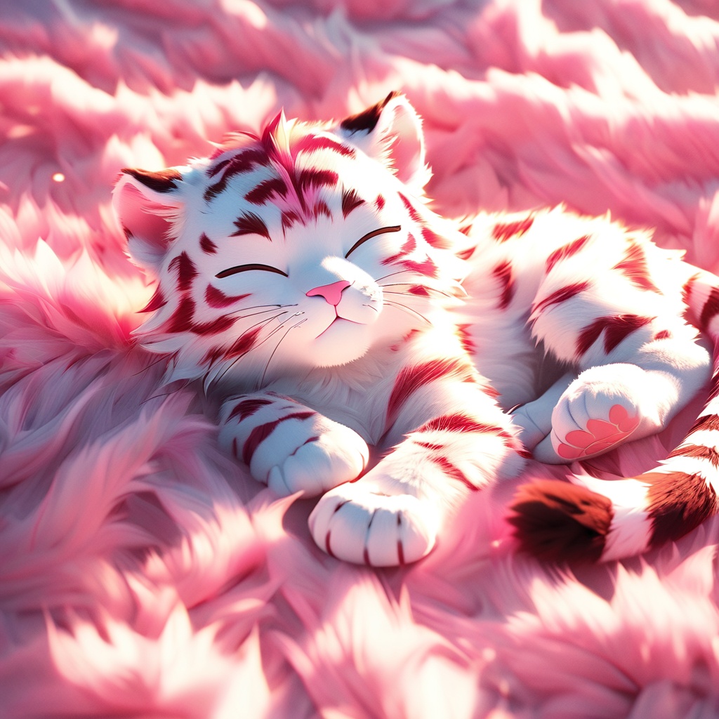 yinhu, tigger, fluffy, pink pattern, soft lighting, tiger boy, white fur, whimsy and dramatic lighting, warm colors, tigger focus, mf-movie-filter, cc-color-correction, cute, whiskers, :3, ^ ^<lora:shengxiao_xl:0.8>,