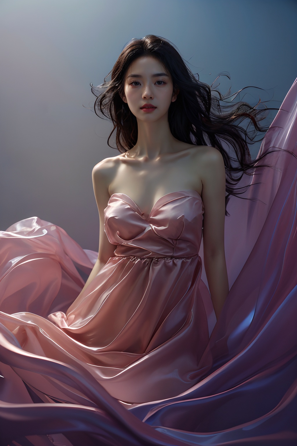 sd mai, piao, 1girl, solo, long hair, breasts, looking at viewer, lips, realistic, medium breasts, black hair, bare shoulders, parted lips, dress, collarbone, strapless dress <lora:飘piao:0.7>
