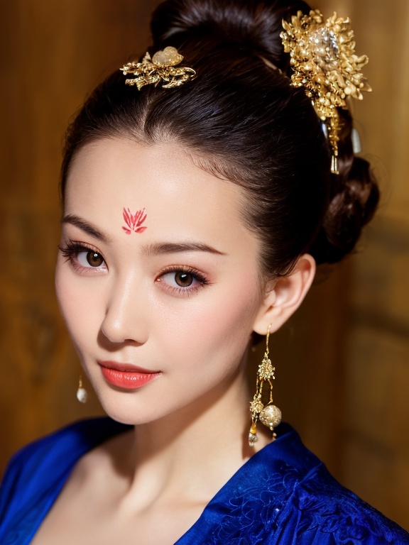 ((huadian)),close-up,High detail RAW color front view Picture of a stunning beautiful chinese girl,((light_smile)),((solo_focus,centered,looking at viewer:1.3)),(face_focus:1.2),((Her low-tied_updo with jewelry_accessories)),very_long_chain_earrings_with_green_drop,tiara,tassel,((intricated hair_ornament:1.2)),pale_skin,kanzashi,lipstick,chinese clothes,hair stick,parted lips,black_hair,ancient,gold embroidery,((intricated details:1.2)),((32k,RAW photo,best quality, masterpiece:1.2)),(photorealistic,Realistic:1.37),cinematic lighting,film still,atmosphere,ultra-detailed_face,detailed_eyes,long eyelashes,ultra-detailed skin and clothes,<lora:huadian_20240408133132:0.9>,((detailed forehead_mark,red_facial_mark)),((petal_mark)),