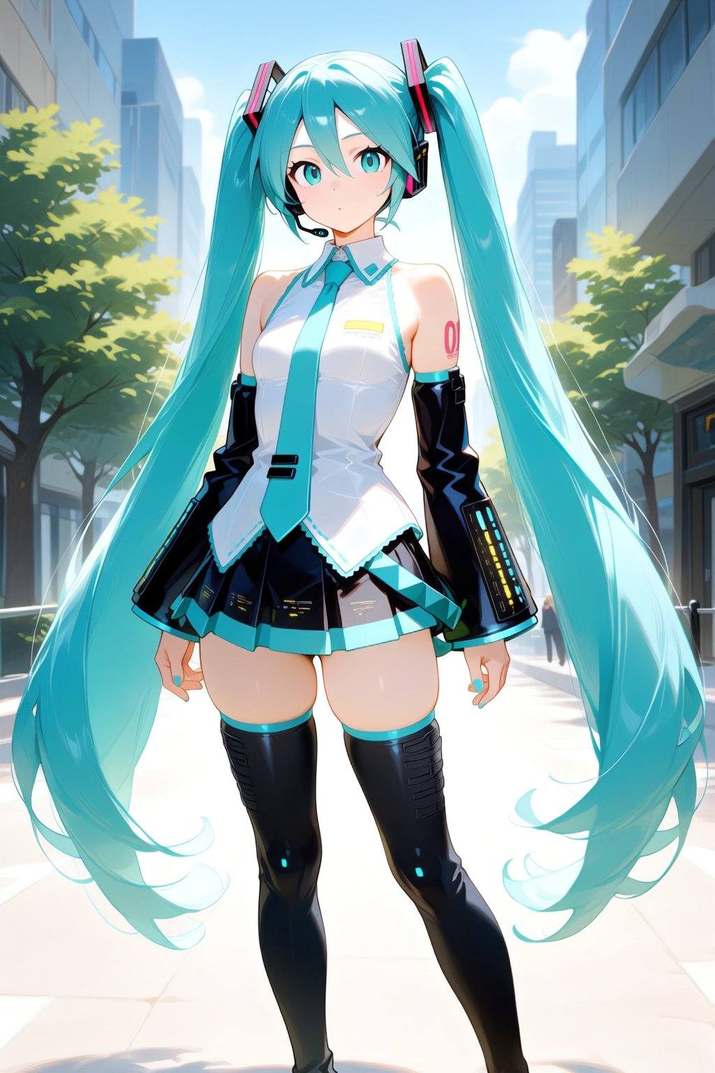 This a young woman dressed in an elaborate cosplay of Hatsune Miku,  the popular Vocaloid character. She has long,  flowin...