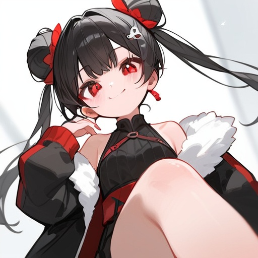 score_9,score_8_up,score_7_up,1girl,solo,red eyes,black hair,long hair,looking at viewer,smile,fur trim,hair bun,bare shoulders,hair ornament,bangs,off shoulder,double bun,closed mouth,jacket,twintails,sleeveless,hand up,blurry,sidelocks,black jacket,long sleeves,from below,low angle,ground level,foot focus,good feet,