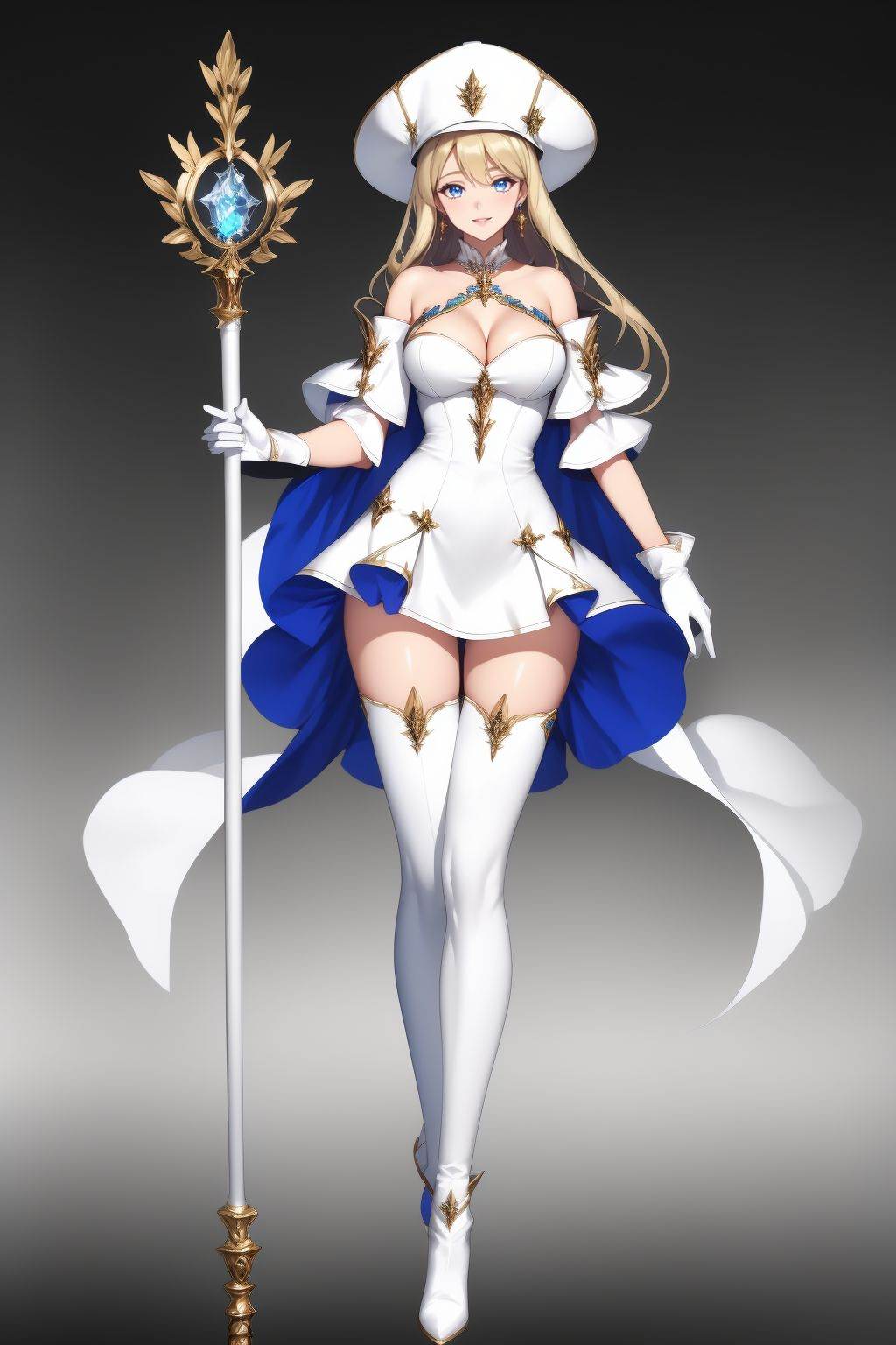 <lora:20250501_AgainGameCharacterLora:1>, 1girl, solo, breasts, blonde hair, staff, gloves, dress, white gloves, thighhighs, detached sleeves, long hair, full body, white dress, hat, holding, gradient background, cleavage, white headwear, holding staff, looking at viewer, boots, white footwear, bare shoulders, thigh boots, standing, blue eyes, grey background, large breasts, earrings, white thighhighs, jewelry, clothing cutout, puffy sleeves, short dress, medium breasts, gold trim, cleavage cutout, closed mouth, simple background, short sleeves, white sleeves, smile, wide sleeves, thighs, lips