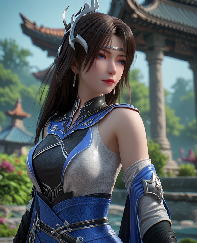 (oriental architecture, elegant decor, sophisticated style:1.1),((pose):1.1),(breasts:1.2),<lora:XL百炼成神裴芸:0.95>,miss peiyun,black hair,long hair,jewelry,earrings,blue eyes,hair ornament,detached sleeves,dress,breasts,bare shoulders,circlet,mole under eye,sash,, zPDXL2, score_9, score_8_up, score_7_up BREAK realistic, masterpiece,best quality, highly detailed,, zPDXL3, zPDXL2,zPDXL, zPDXLxxx, zPDXLrl,