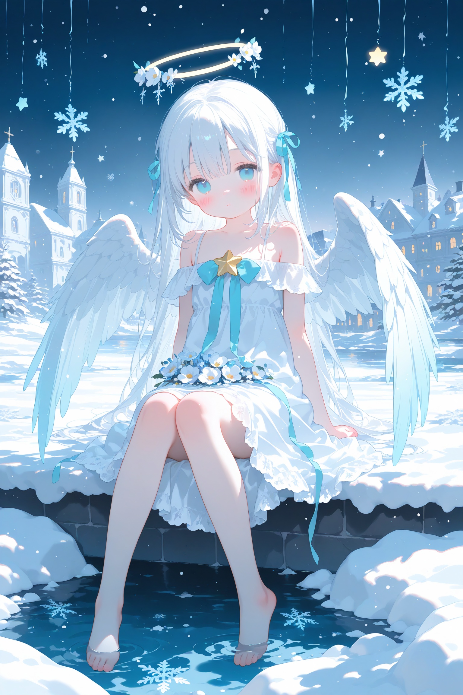 Elite,loli,1girl, solo, long hair, looking at viewer, blush, blue eyes, dress, ribbon, bare shoulders, sitting, hair ribbon, flower, white hair, wings, barefoot, water, star \(symbol\), aqua eyes, halo, building, snow, angel wings, angel, snowflakes, head wreathr,