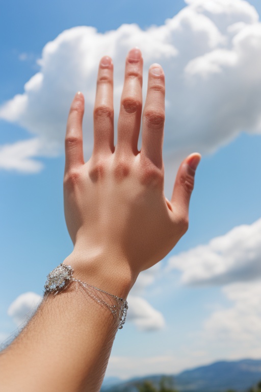 <lora:nicehand000006:0.7>,close-up,hand,Open your five fingers,blue sky,sky,outdoors,cloud,close-up,out of frame,day,