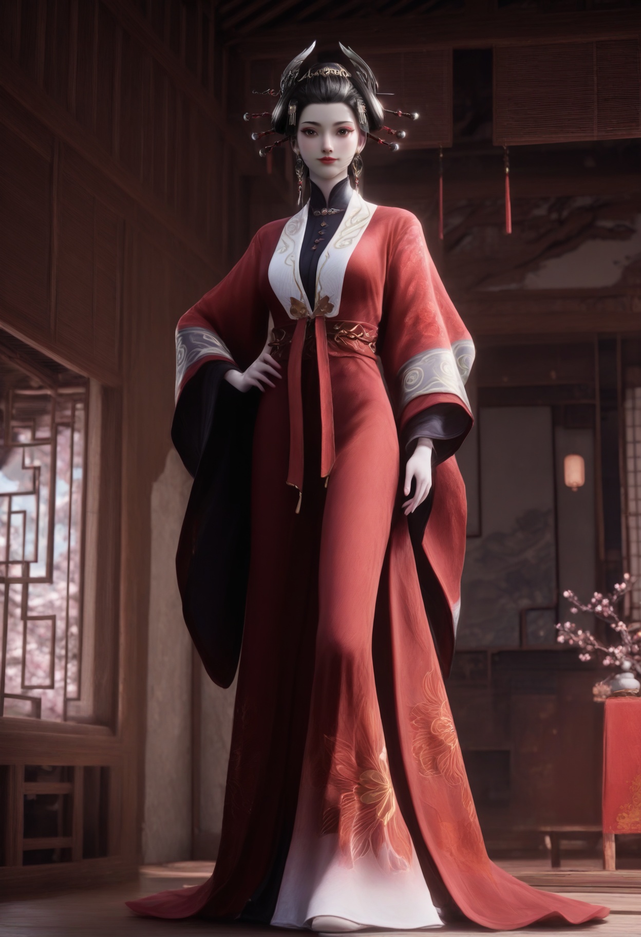 Yan_furen,1girl,black hair,looking at viewer,hair ornament,jewelry,brown eyes,earrings,hair stick,updo,hair pulled back,horns,hair stick,<lora:Yan_furen_10_illu-000010:0.75>,chinese clothes,wide sleeves,long sleeves,hanfu,red dress,photorealistic,hyperrealistic,<lora:realistic filter [IL]:1>,(pale skin:1.2),looking at viewer,standing,one hand on hiplantern,open window,looking at viewer,indoors,mountains,blossoms,flowers,east asian architecture,beautiful sunrise,warm ambient temperature,