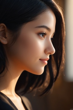 a Girl, Solo, Black Hair,from side Smile, Blurred Background, Depth of Field, Realistic, Soft, Warm, Formal, Masterpiece, Excellent 8K,realistic details, surrealistic, sense of reality, intense contrast of light and shadow