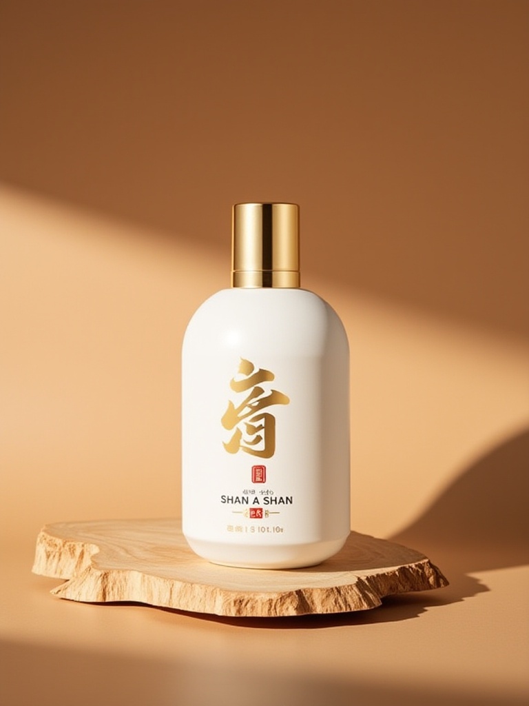 mztsas,a white bottle with a golden cap, sitting on a wooden surface. The bottle has Chinese calligraphy written in gold, which translates to "SHAN A SHAN" in both English and Chinese characters. The background is a soft, warm brown color with a subtle shadow cast behind the bottle. The lighting is soft and warm, casting gentle shadows. The wooden surface has a smooth, polished finish. The overall aesthetic is minimalistic and elegant.<lora:S-T-美妆场景-S1.3:1>