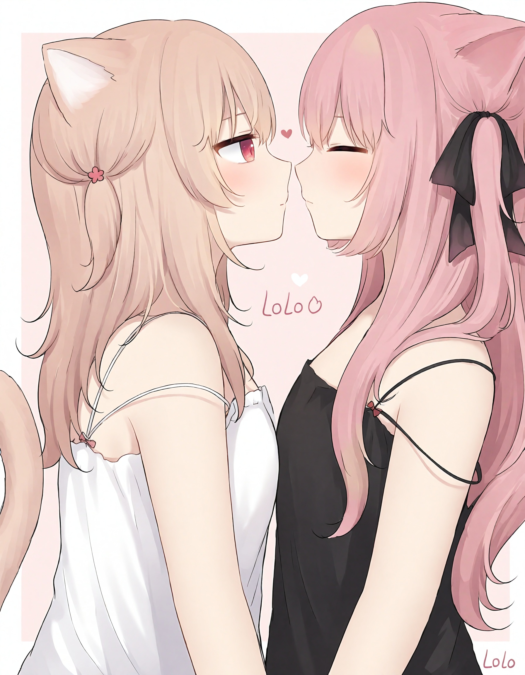 slit_pupils,amashiro natsuki, CHARACTERS-lolo, 2girls, multiple girls, animal ears, red eyes, pink hair, cat girl, cat ears, tail, cat tail, long hair, yuri, closed eyes, virtual youtuber, blush, heart, strap slip, artist name, bow, imminent kiss, camisole, ribbon, light brown hair, closed mouth, bare shoulders, from side, white camisole, animal ear fluff, brown hair, black ribbon, two side up, profile, black camisole, looking at another, hair ribbon,masterpiece, best quality, newest, highres, absurdres, newest,