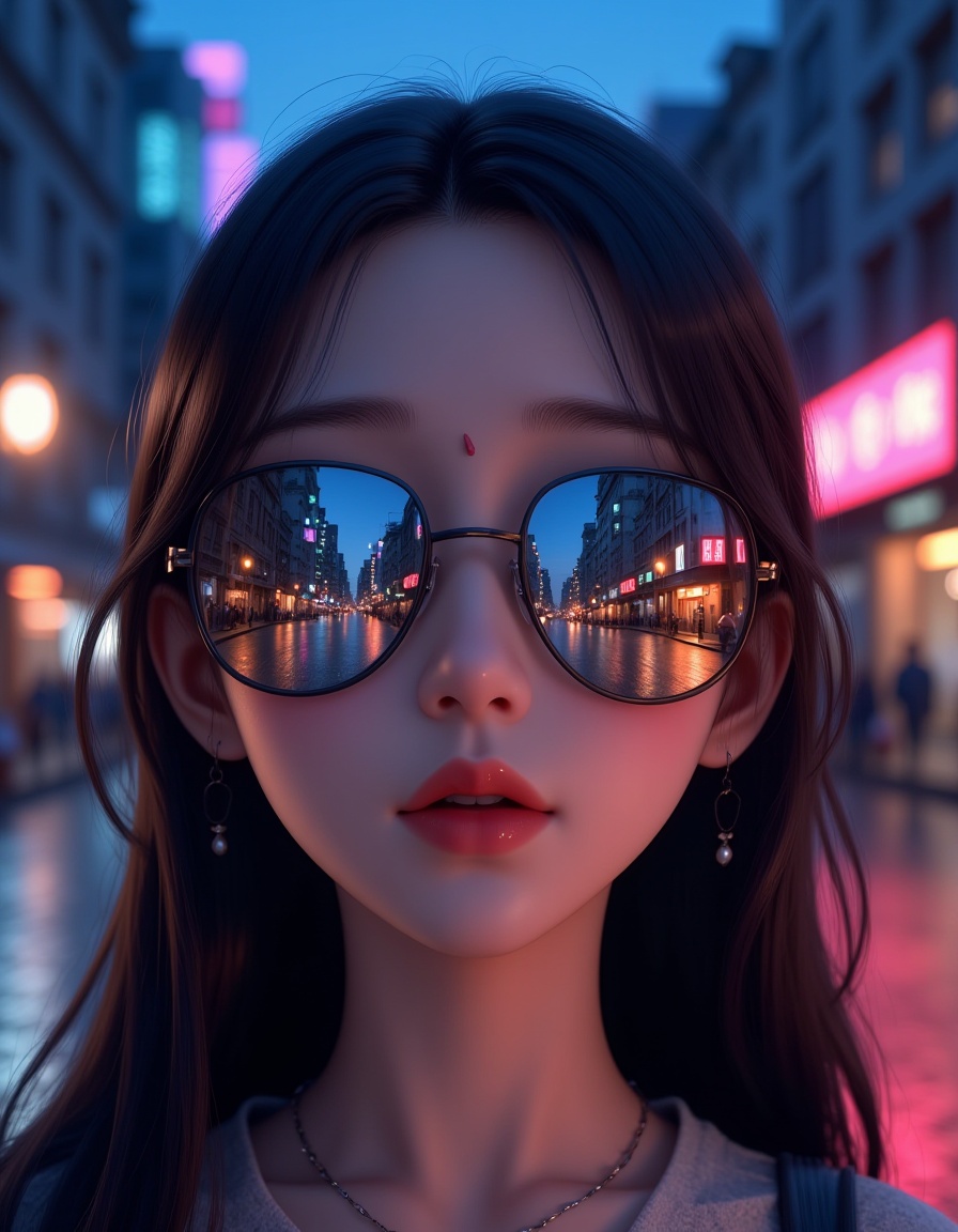 a girl,animation style,YongShi,anthro_pokemon,full body,mirrored sunglasses reflecting city street at dusk,buildings lining sides,wet road reflecting city lights,symmetrical composition,lower eyelids with eyelashes bordering top edge of lenses,bridge of nose with nostril sides at center,mouth with glossy slightly parted lips reflecting cityscape colors,urban life,human features,photorealistic,best quality,masterpiece,