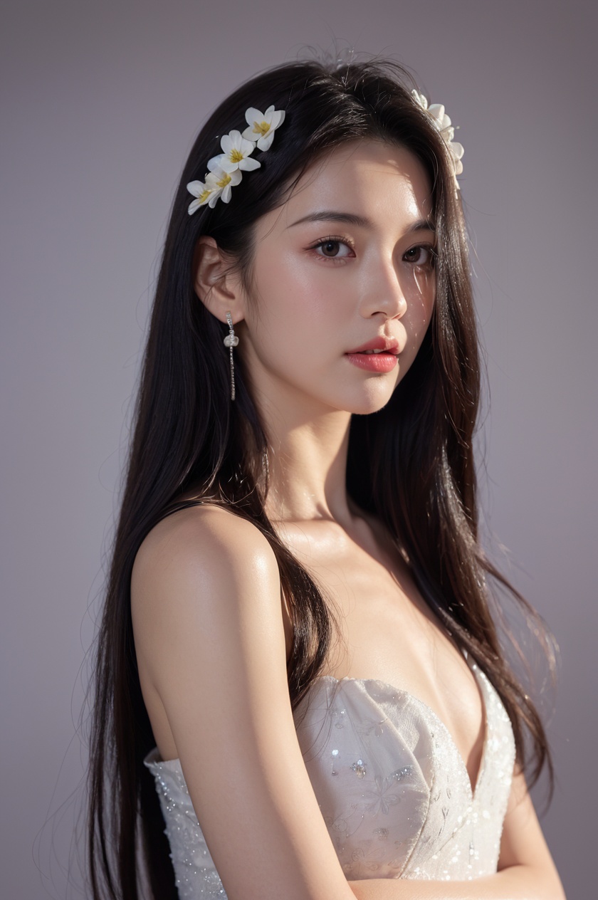 1girl, solo,(front view:1.2),(looking_at_viewer:1.4),(eye-contact:1.4),,black hair, long hair, jewelry, realistic, earrings, hair ornament, black eyes, lips, collarbone, parted lips, flower, watermark, upper body, portrait, hair flower, dress, web address,  <lora:YG红颜阁美女2:0.75>,