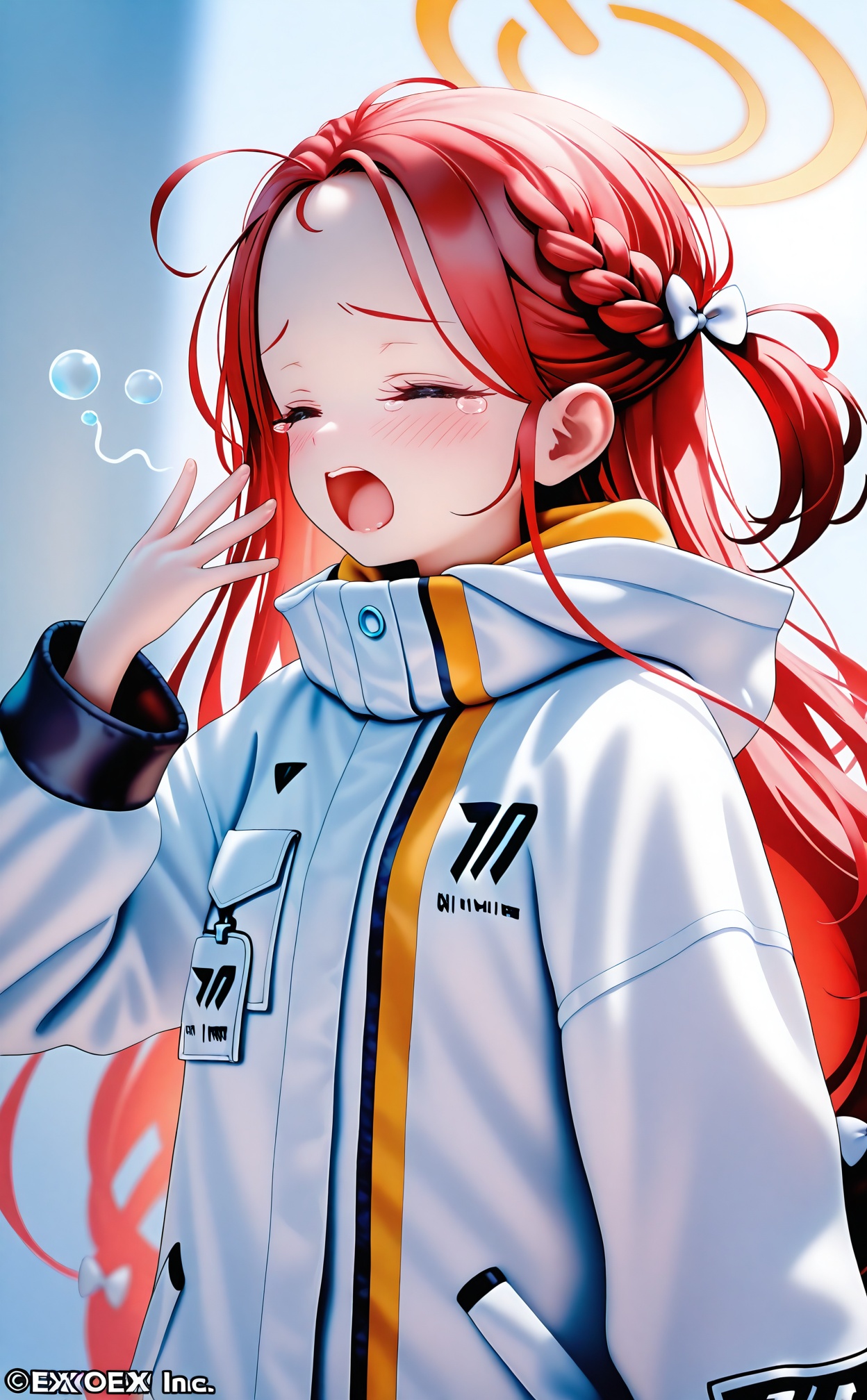 masterpiece,highres,absurdres,newest,best quality,high quality,loli,petite,chromatic_aberration,//,girl,yuzu_\(blue_archive\),solo,red_hair,long_hair,jacket,open_mouth,yawning,closed_eyes,white_jacket,braid,forehead,blush,long_sleeves,tears,upper_body,one_side_up,copyright_notice,copyright_name,//,//,<lora:MAQ——【CKXL测试】hans:1>,
