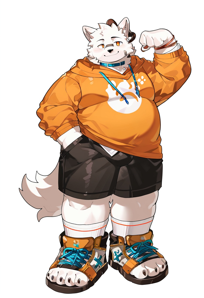<lora:KUROTERO style(noob):1>KUROTERO style, furry male, male focus, 1boy, dog boy, furry, white fur, full body, bara, plump, animal ears, bandaid on face, hand in pocket, solo, shorts, bandaid, transparent background, bandaid on nose, smile, hood, belly, jewelry, black shorts, tail, dog ears, shirt, flexing, toeless footwear, bracelet, animal nose, necklace, orange eyes, looking at viewer, collar, sandals, standing, dog tail, hoodie, thick eyebrows, pawpads, two-tone fur, socks, masterpiece,best quality,