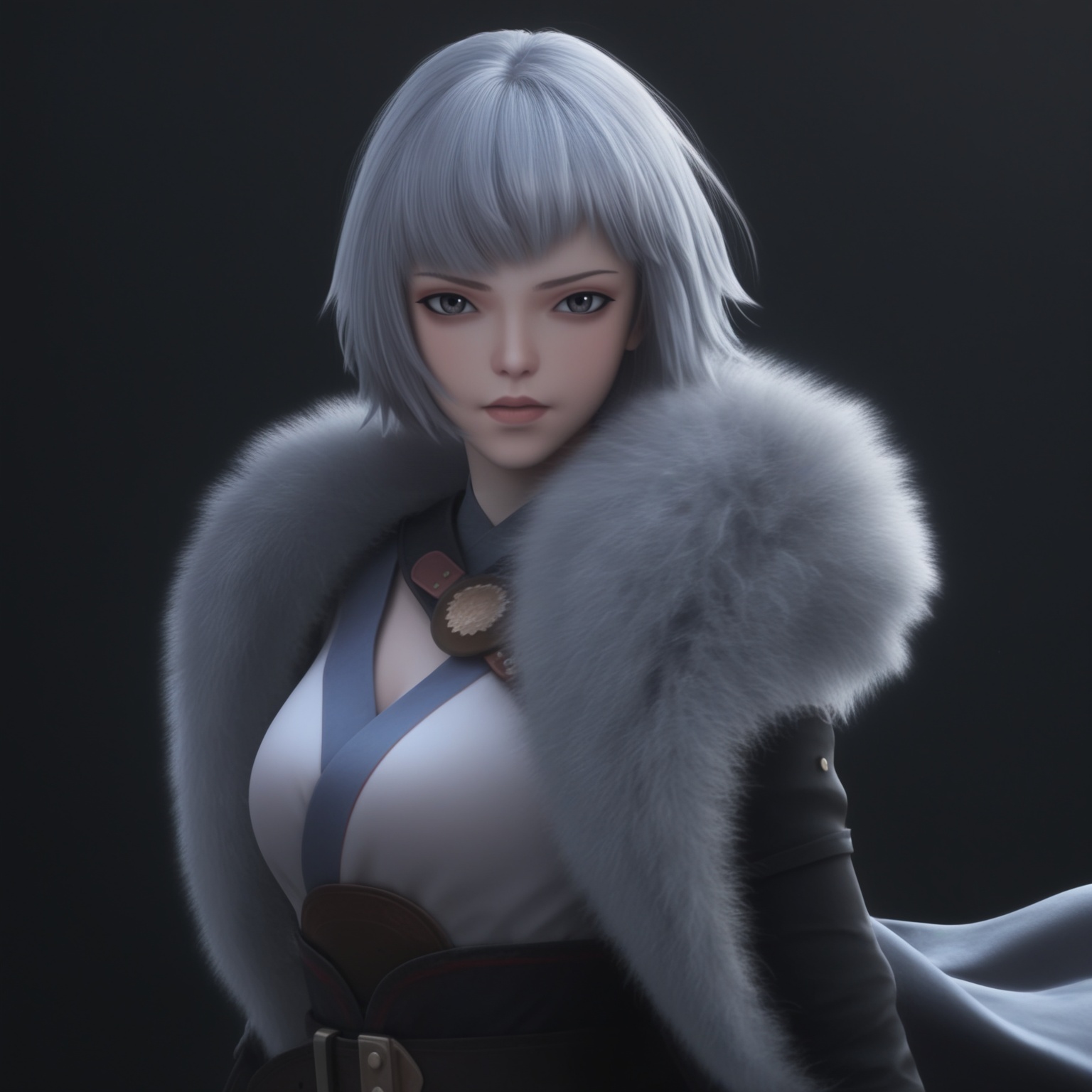 (score_9),masterpiece,best quality,absurdres,highres,(white_skin),(Ivory_skin),light_skin,BREAK<lora:白月魁-ill-000009:0.82>,name\(byk\),1girl,solo,short hair,grey hair,grey eyes,fur trim,single pauldron,cape,BREAKlooking at viewer,front view,fighting stance,upper body,eye focus,BREAKsimple background,black background,