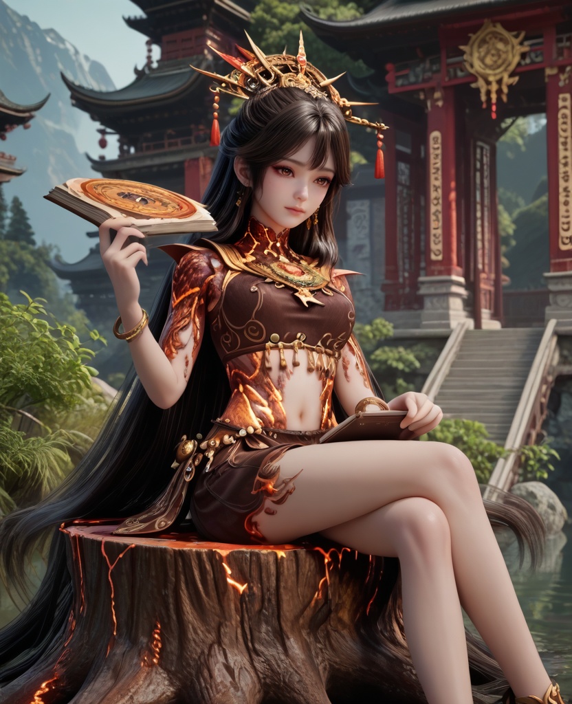 (oriental architecture, elegant decor, sophisticated style:1.1),(Sitting on a tree stump, holding a journal, expressing a moment of creativity and reflection,:1.1),(breasts:1.2),<lora:XL16牧神记炎晶晶:0.95>,teenage girl,brown crop top,brown eyes,black hair,absurdly long hair,hair ornament,bracelet,lava skin,brown skirt,faulds,, score_9,score_8_up,score_7_up,score_6_up,score_5_up,score_4_up,3d rendering,tag1,tag2, Cinematic Lighting,backlighting,