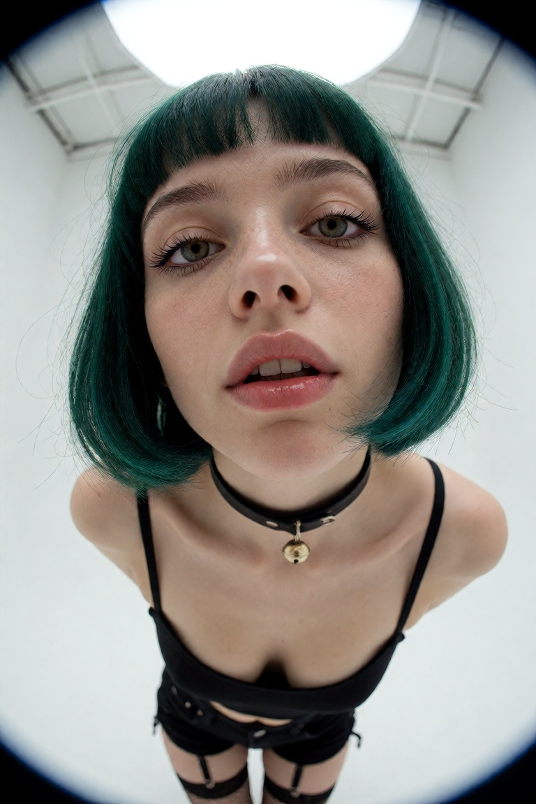 An extreme circular fisheye lens perspective looking down at a cute alt-goth young woman leaning close into the lens insid...