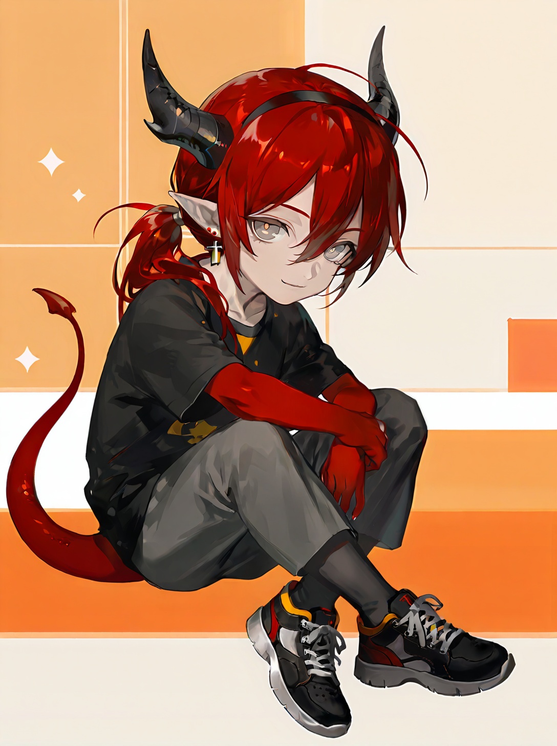<lora:bloom minority-000010:0.8>, colored, 1boy, shota, aged down, full body, sitting, cute, light smile, big eyes, thick forehair, sneakers, solo, red hair, horns, grey eyes, pointy ears, tail, looking at viewer, earrings, jewelry, 1boy, long hair, dragon horns, hair between eyes, ponytail band, colored arms 