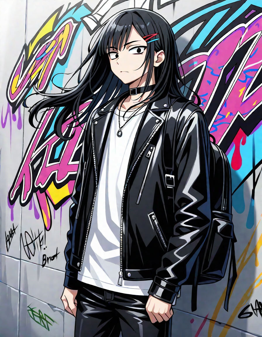1boy,solo,long hair,looking at viewer,sharp eyes,bangs,jacket,shirt,black hair,hair ornament,long sleeves,urban street background,flowing hair,jewelry,closed mouth,standing,open clothes,choker,hairclip,black pants,necklace,bag,open jacket,white shirt,backpack,bandaid,zipper,leather jacket,graffiti wall,confident pose,wind blowing hair,