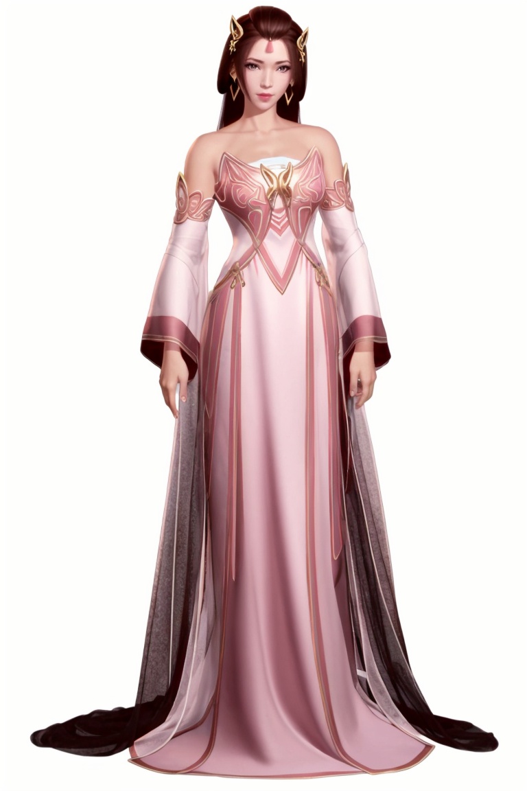((HRD, HUD, 8K)),((masterpiece, best quality)), highly detailed,1girl, solo, forehead mark, brown hair, hair ornament, hair rings, long hair, brown eyes, lips, jewelry, earrings, dress, pink dress, bare shoulders, detached sleeves, simple background, white background, full body, long legs, standing, looking at viewer,  <lora:20240513-1715564123441:0.73>