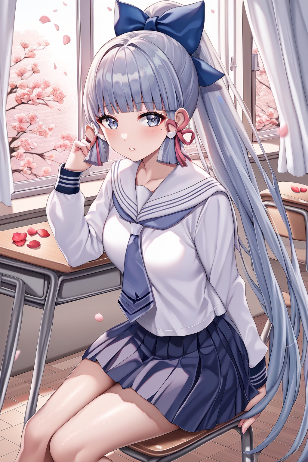 score_9,score_8_up,score_7_up,score_6_up,score_5_up,score_4_up,source_anime,source_cartoon,<lora:kamisato ayakaTponyXL-000008:1>,kamisato ayaka \(heytea\) \(genshin impact\),kamisato ayaka,1girl,solo,school uniform,skirt,sitting,long hair,grey eyes,sailor collar,pleated skirt,chair,blunt tresses,parted lips,ponytail,long sleeves,petals,looking at viewer,school chair,shirt,desk,falling petals,cherry blossoms,white serafuku,indoors,curtains,blue skirt,white shirt,bow,window,ribbon,grey hair,school desk,hair ribbon,on chair,blunt bangs,classroom,white sailor collar,tress ribbon,blue necktie,hair bow,necktie,sidelocks,official alternate costume,mole under eye,very long hair,blue bow,feet out of frame,from above,