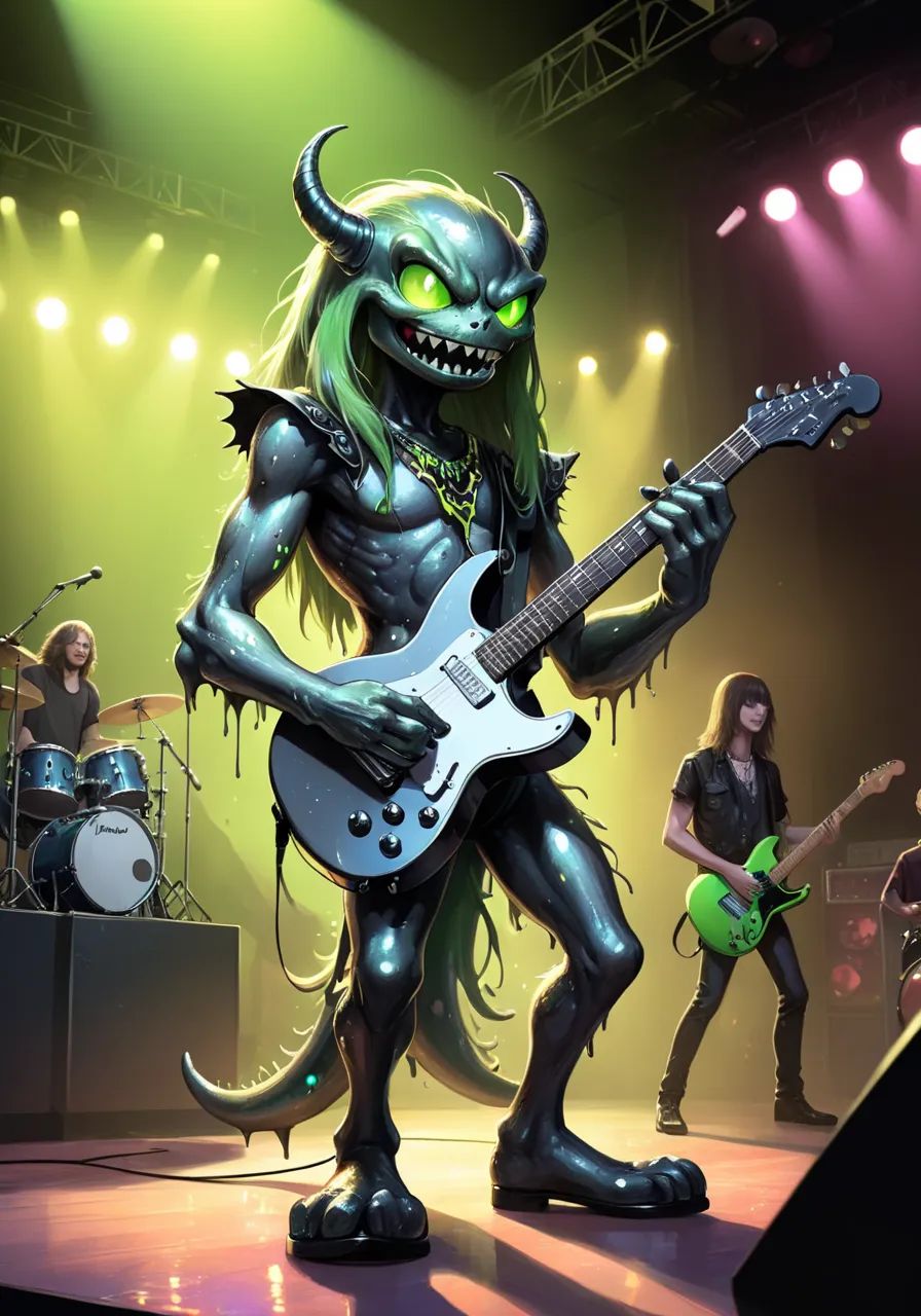 highres,  best quality,  Illustration of a metallic slime creature holding a black electric guitar on Tensor.Art
