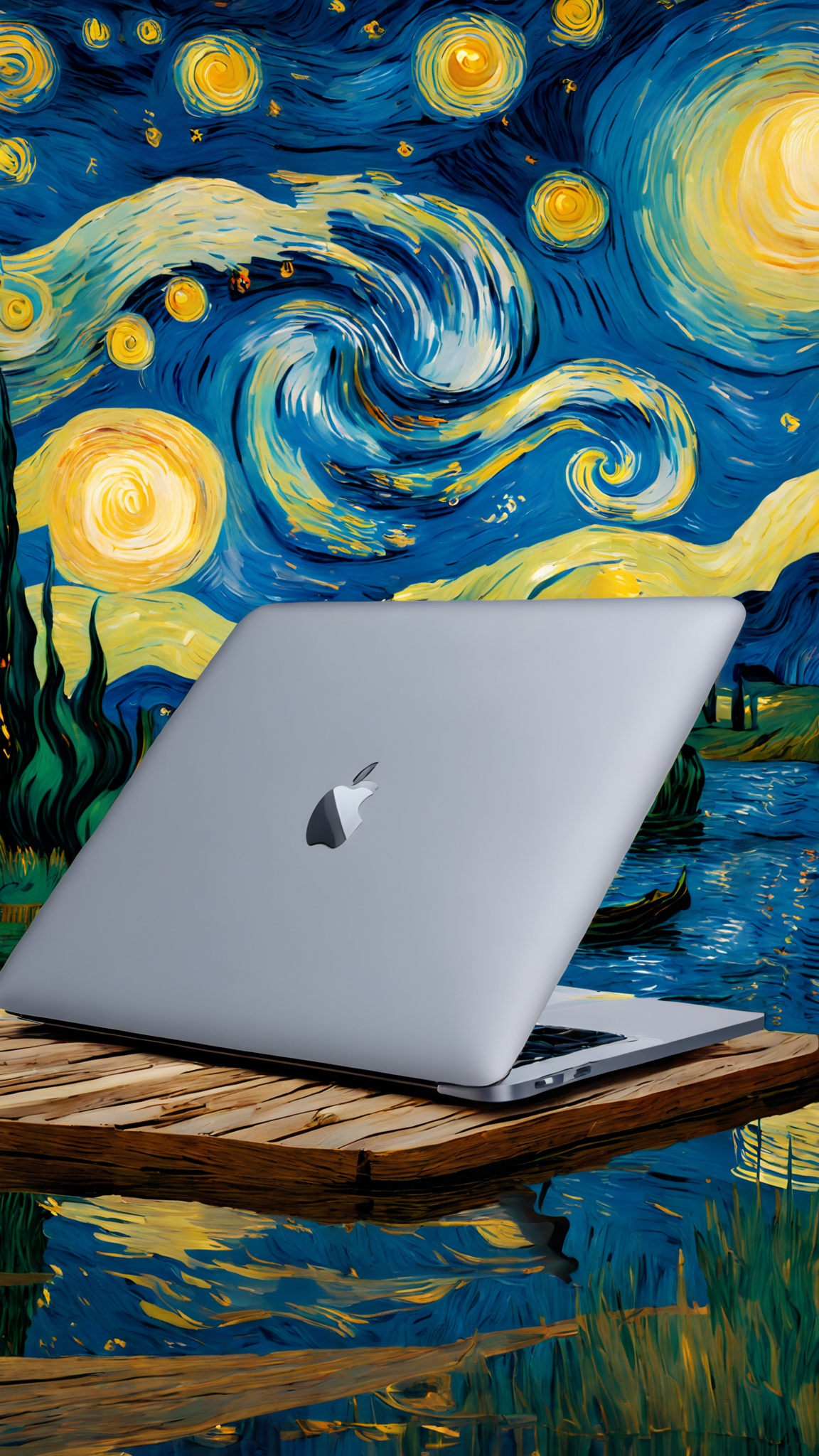 jistarrynight,product photograph,(A MacBook is displayed on a lake),van Gogh,Shooting from a far angle,<lora:jistarrynight V1.0:1>,